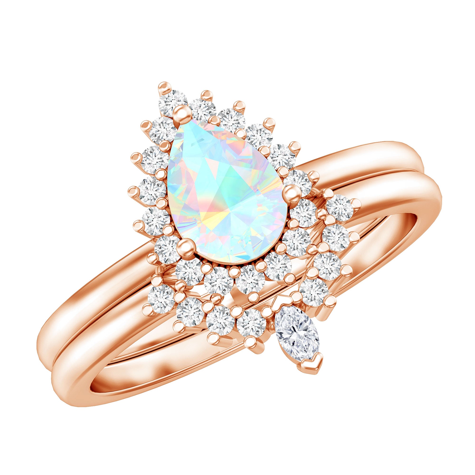 Genuine Pear Shape Rainbow Opal Vintage Inspired Engagement Ring with Enhancer AAA - Rosec Jewels