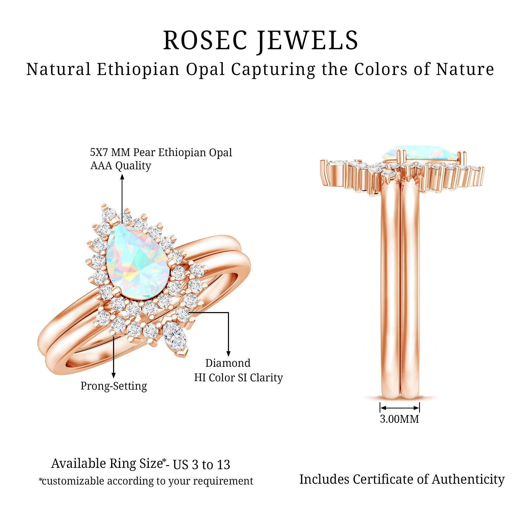 Genuine Pear Shape Rainbow Opal Vintage Inspired Engagement Ring with Enhancer AAA - Rosec Jewels