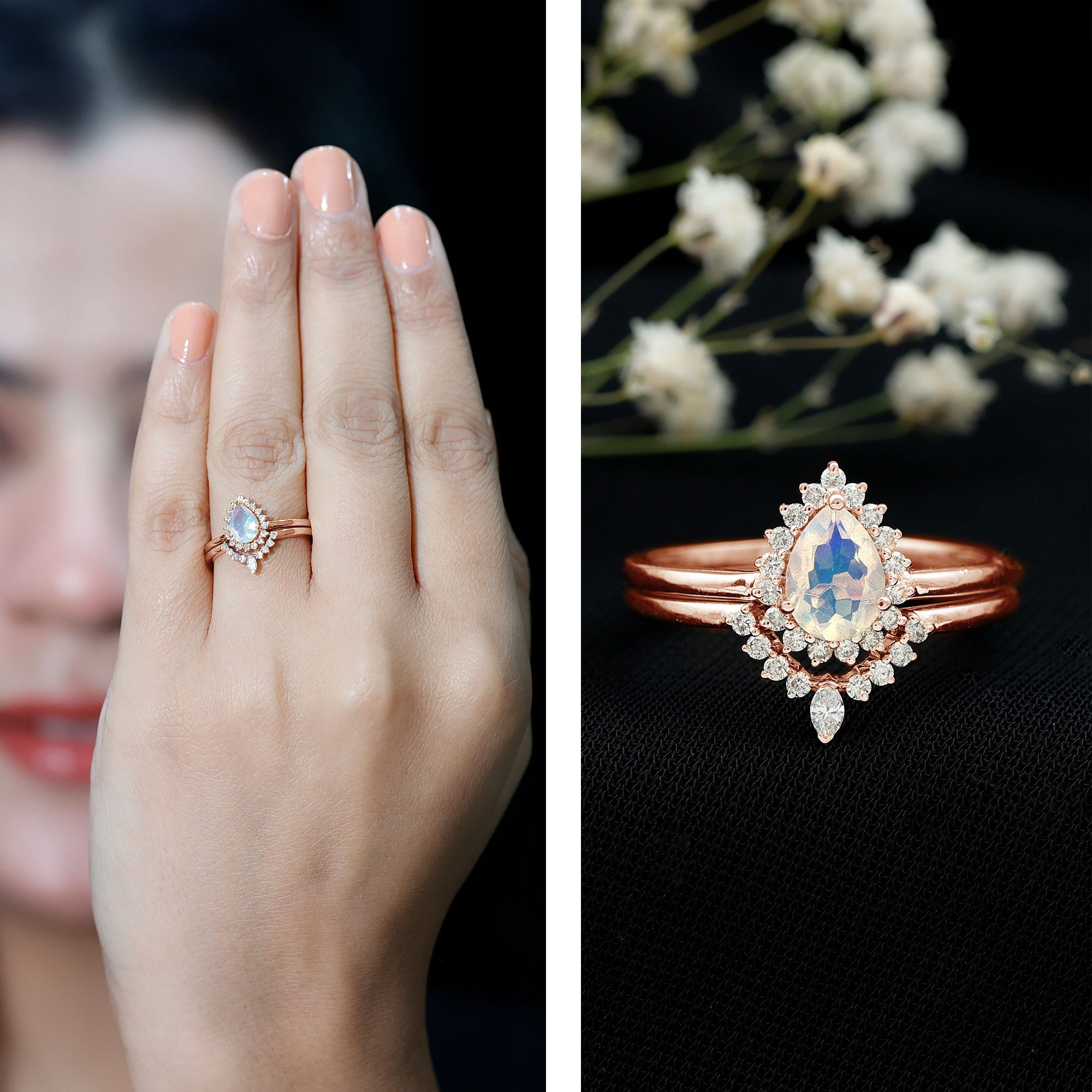 Genuine Pear Shape Rainbow Opal Vintage Inspired Engagement Ring with Enhancer AAA - Rosec Jewels