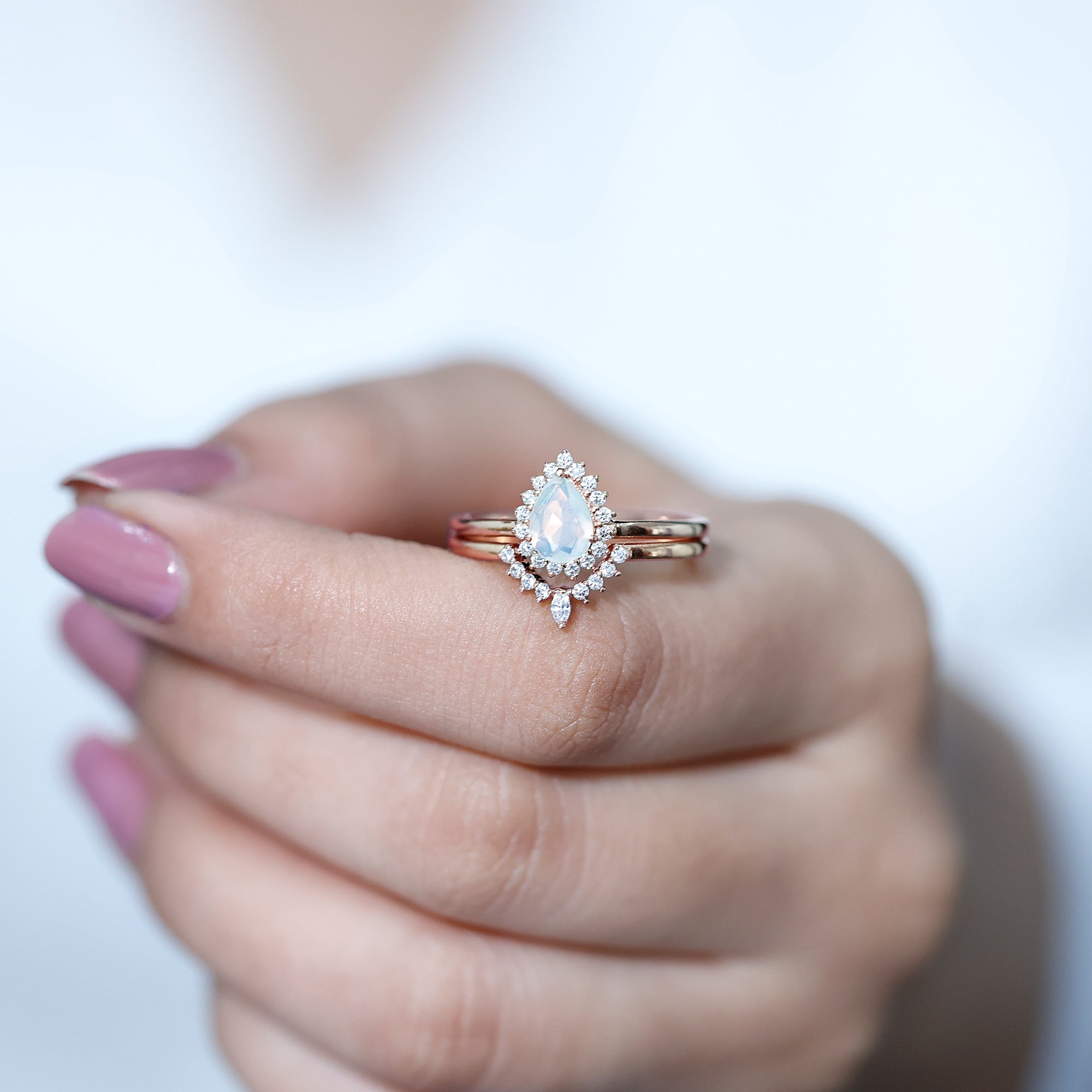 Genuine Pear Shape Rainbow Opal Vintage Inspired Engagement Ring with Enhancer AAA - Rosec Jewels