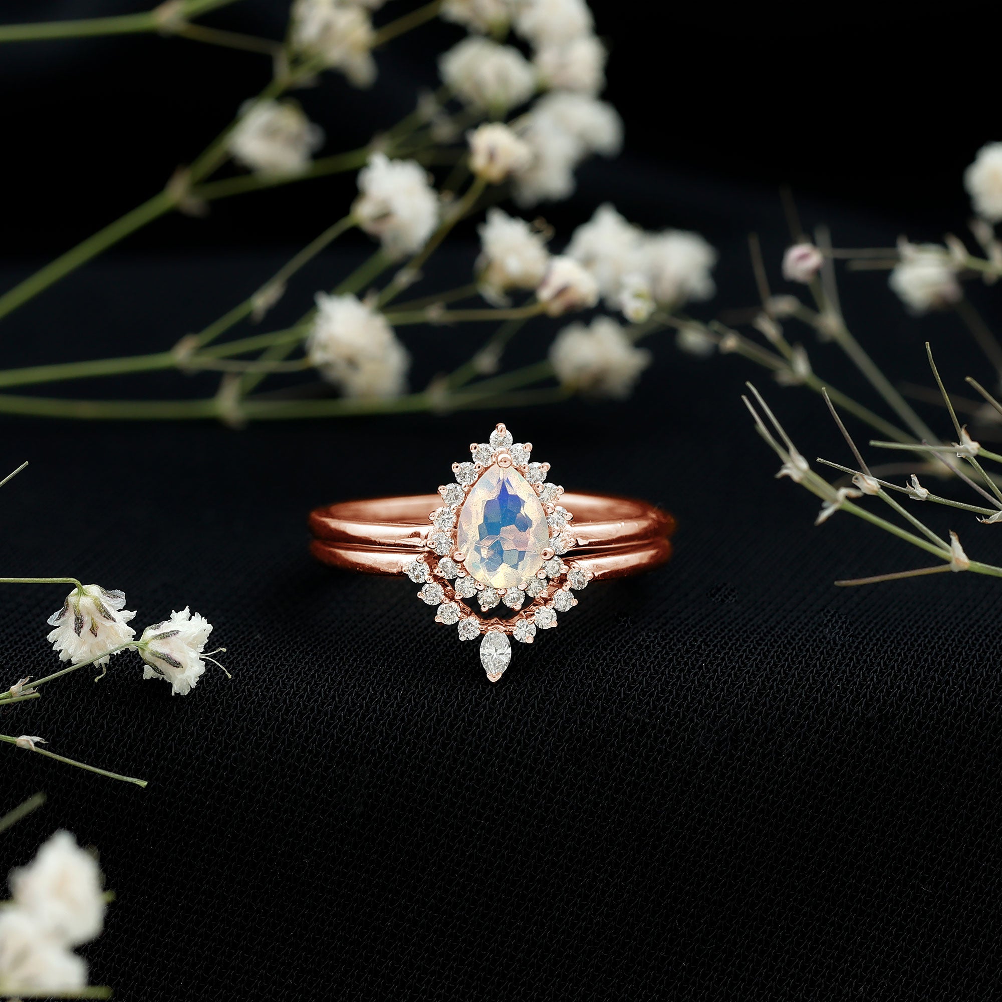 Genuine Pear Shape Rainbow Opal Vintage Inspired Engagement Ring with Enhancer AAA - Rosec Jewels