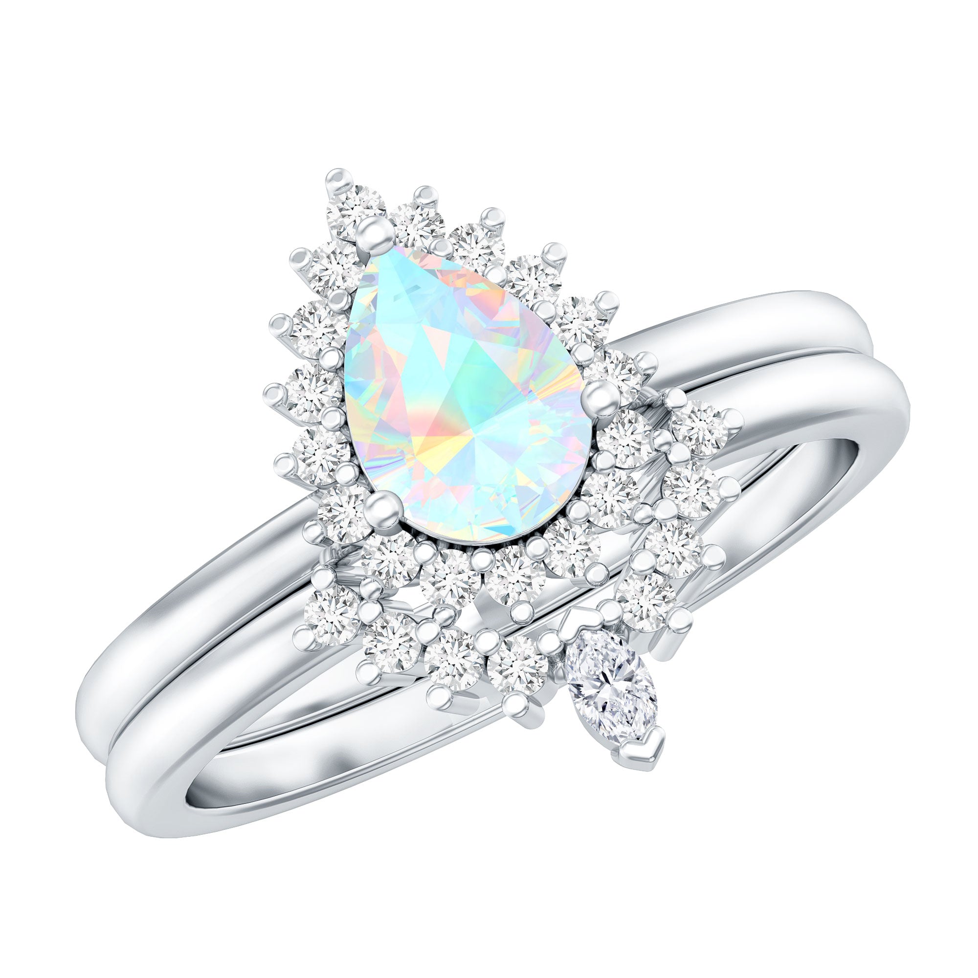 Genuine Pear Shape Rainbow Opal Vintage Inspired Engagement Ring with Enhancer AAA - Rosec Jewels