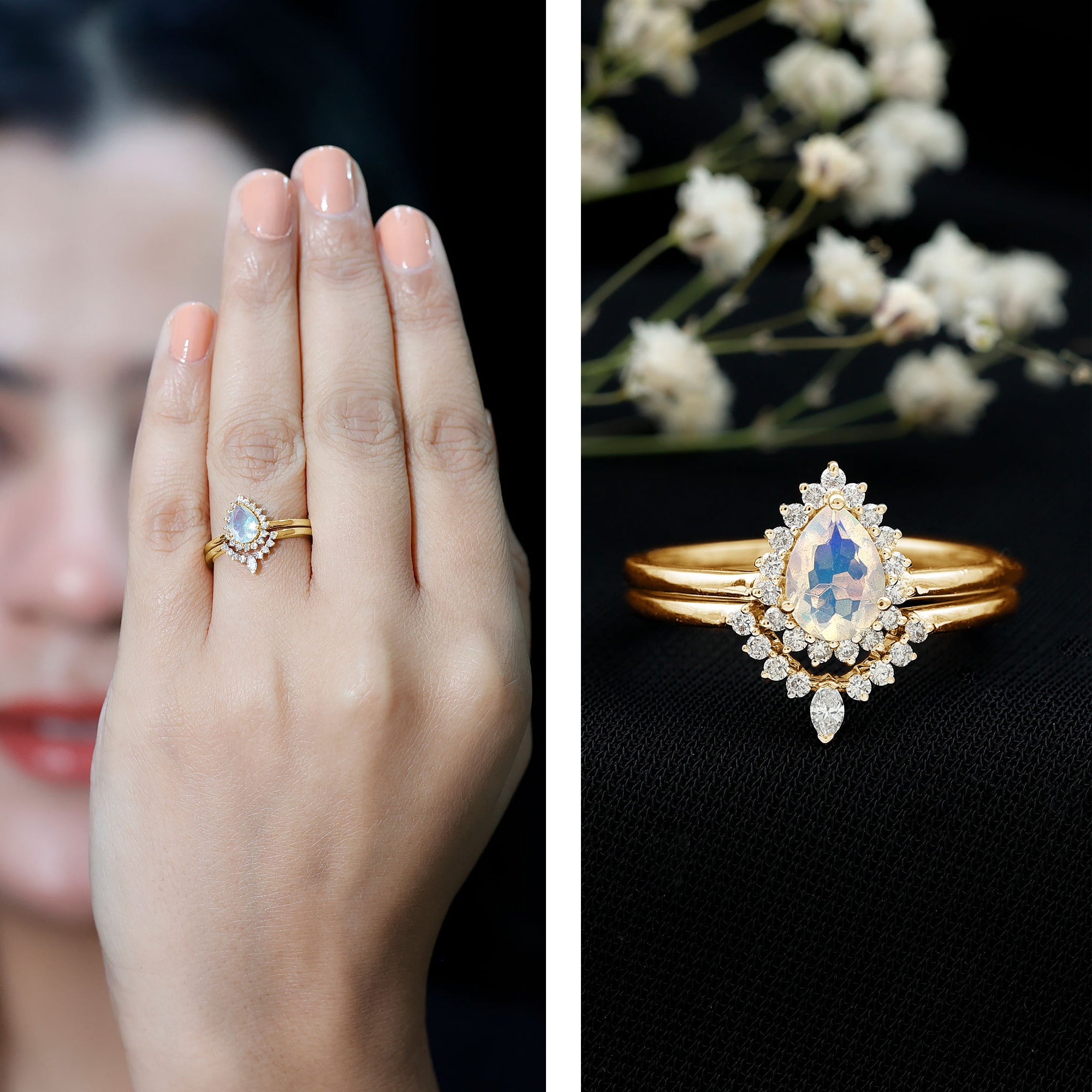 Genuine Pear Shape Rainbow Opal Vintage Inspired Engagement Ring with Enhancer AAA - Rosec Jewels