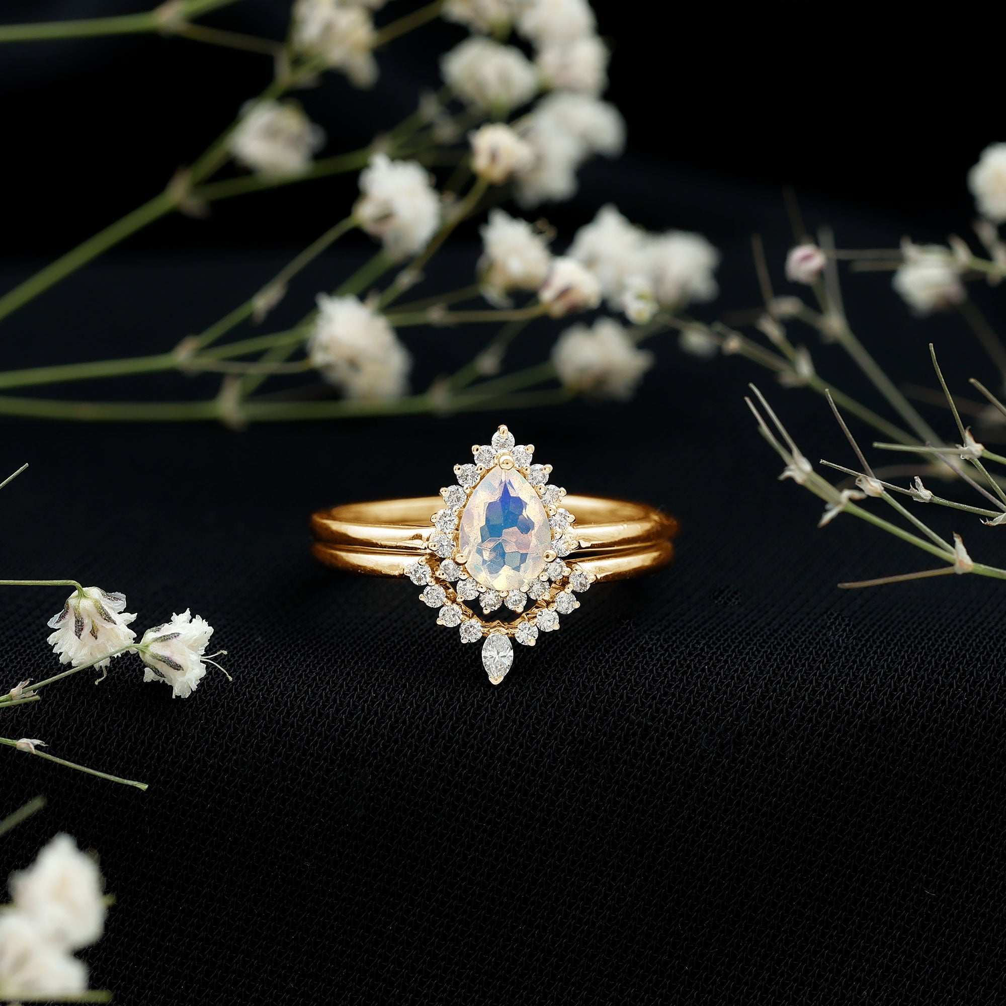 Genuine Pear Shape Rainbow Opal Vintage Inspired Engagement Ring with Enhancer AAA - Rosec Jewels
