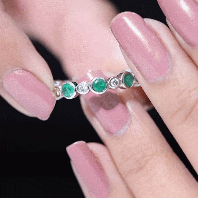 Bezel Set Round Emerald and Diamond Eternity Wedding Band AAA - Rosec Jewels