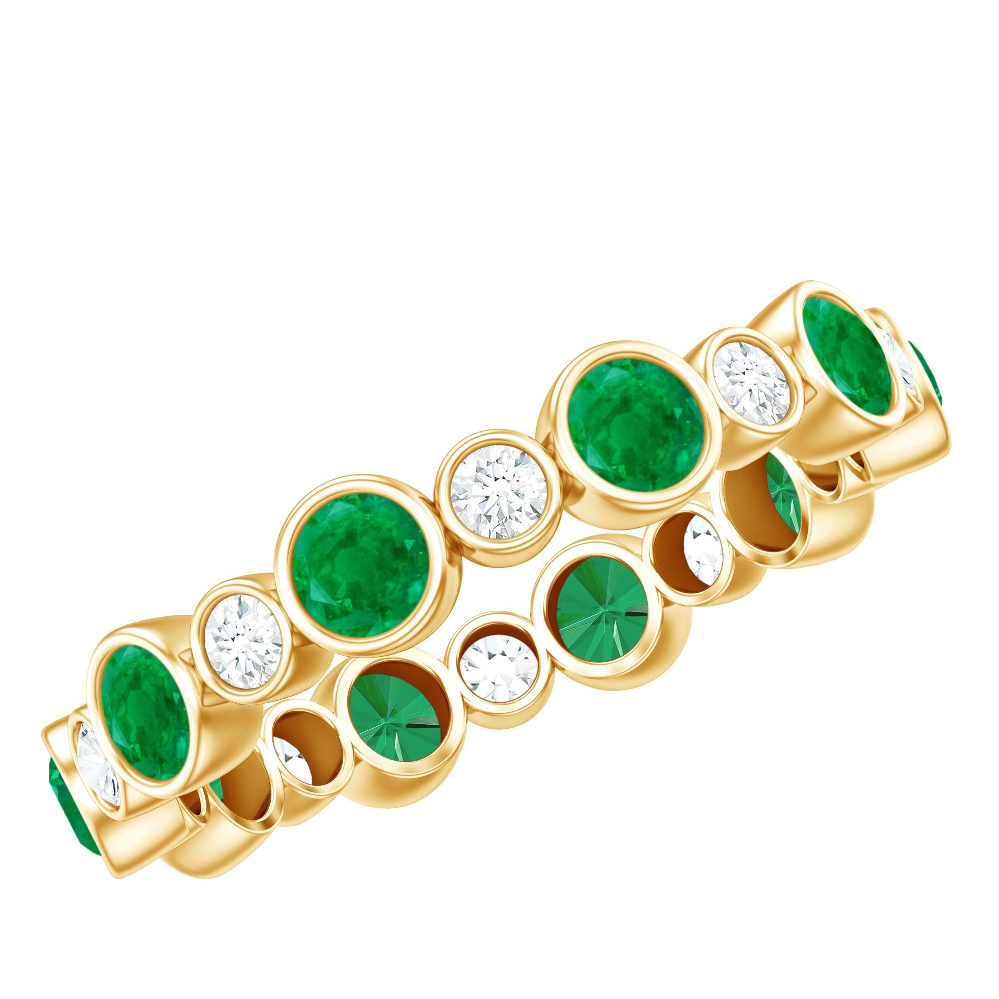 Bezel Set Round Emerald and Diamond Eternity Wedding Band AAA - Rosec Jewels
