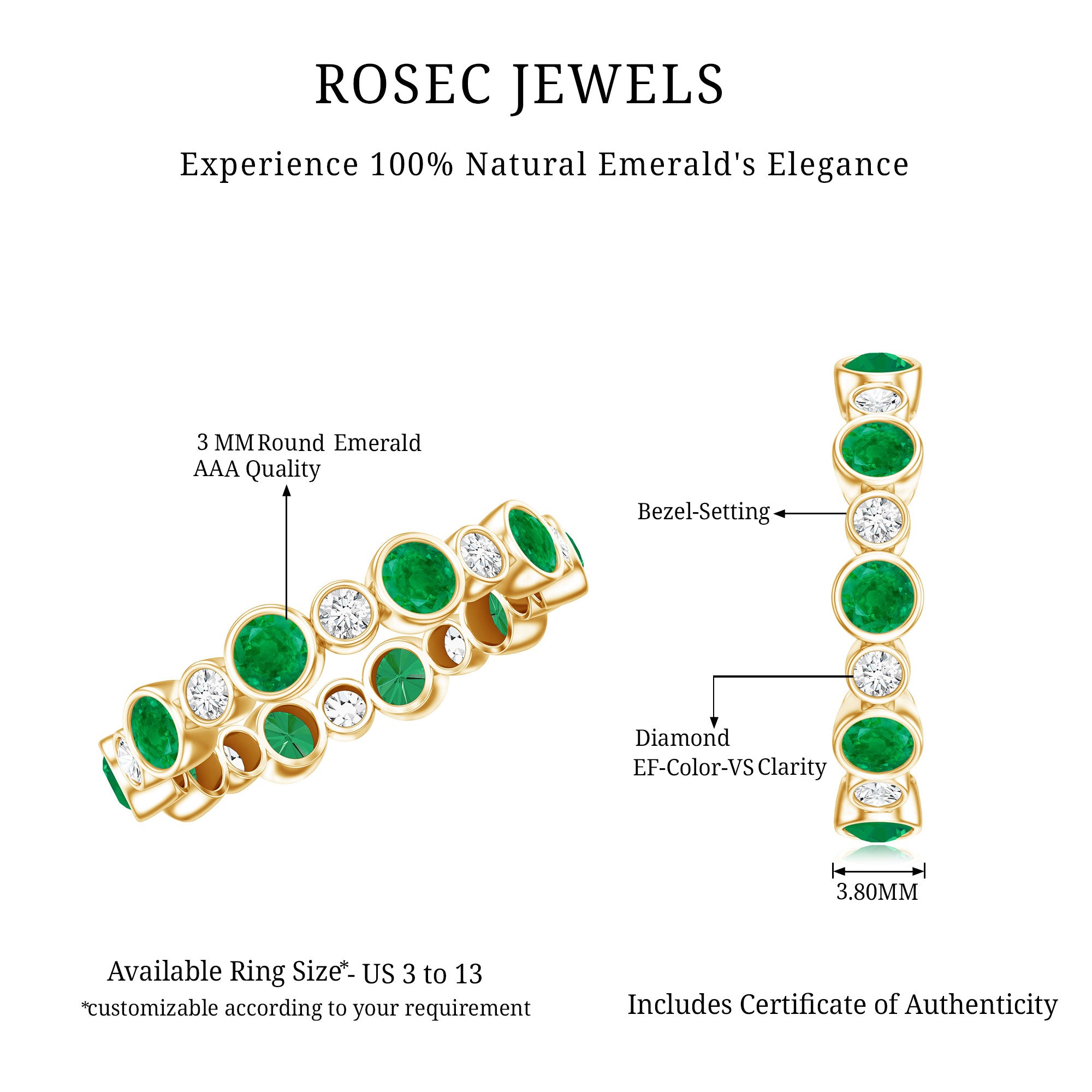 Bezel Set Round Emerald and Diamond Eternity Wedding Band AAA - Rosec Jewels