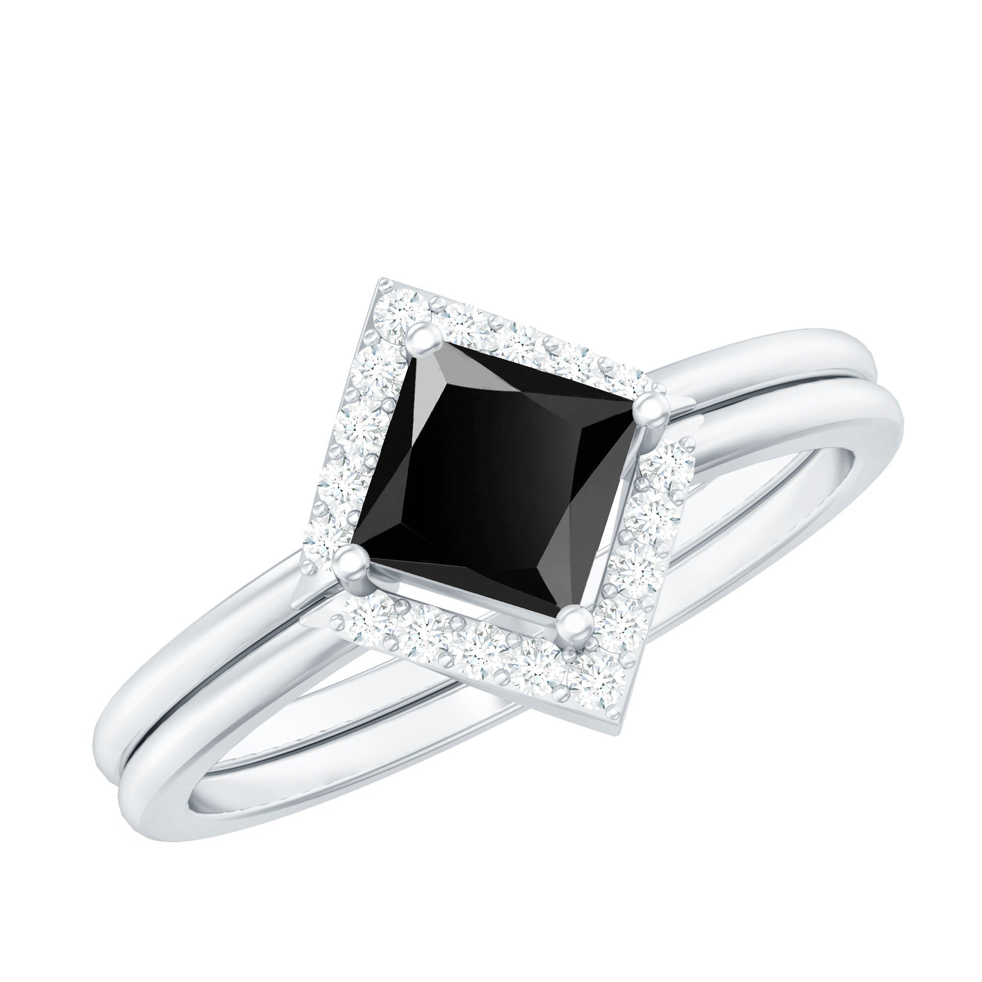 Real Black Onyx and Diamond Princess Cut Engagement Ring With Ring Guard