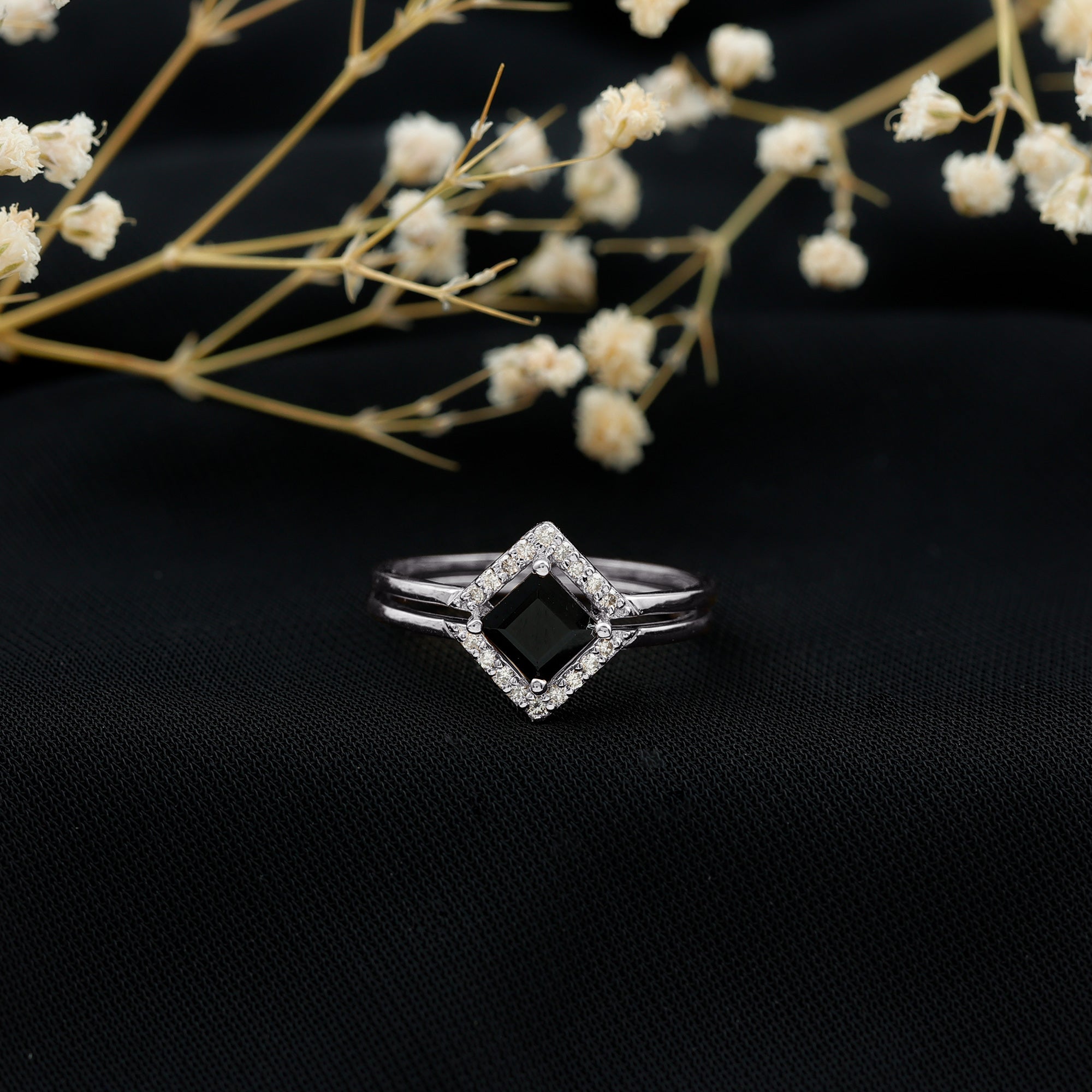 Rosec Jewels-Real Black Onyx and Diamond Princess Cut Engagement Ring With Ring Guard