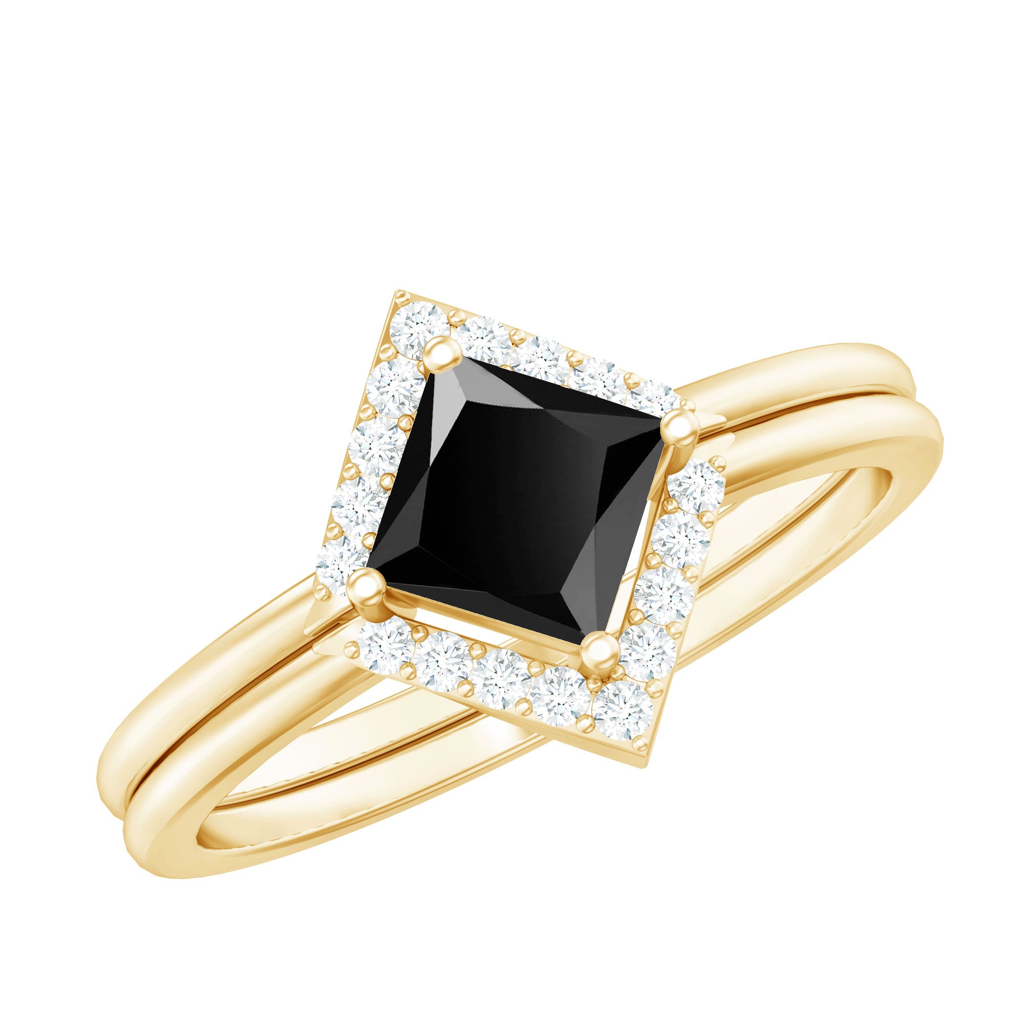 Rosec Jewels-Real Black Onyx and Diamond Princess Cut Engagement Ring With Ring Guard