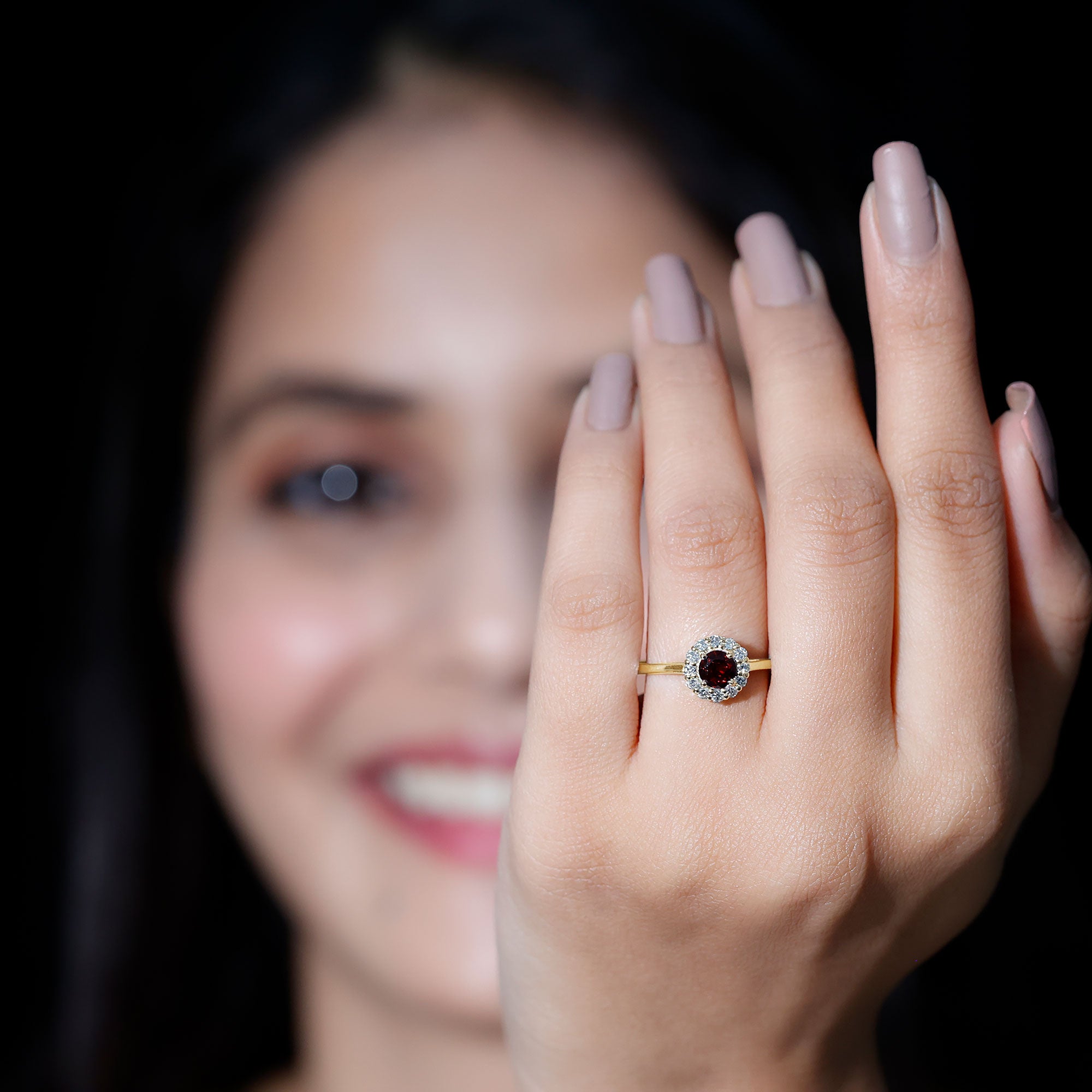 Certified Real 8 mm Garnet Engagement Ring with Diamond Halo AAA - Rosec Jewels