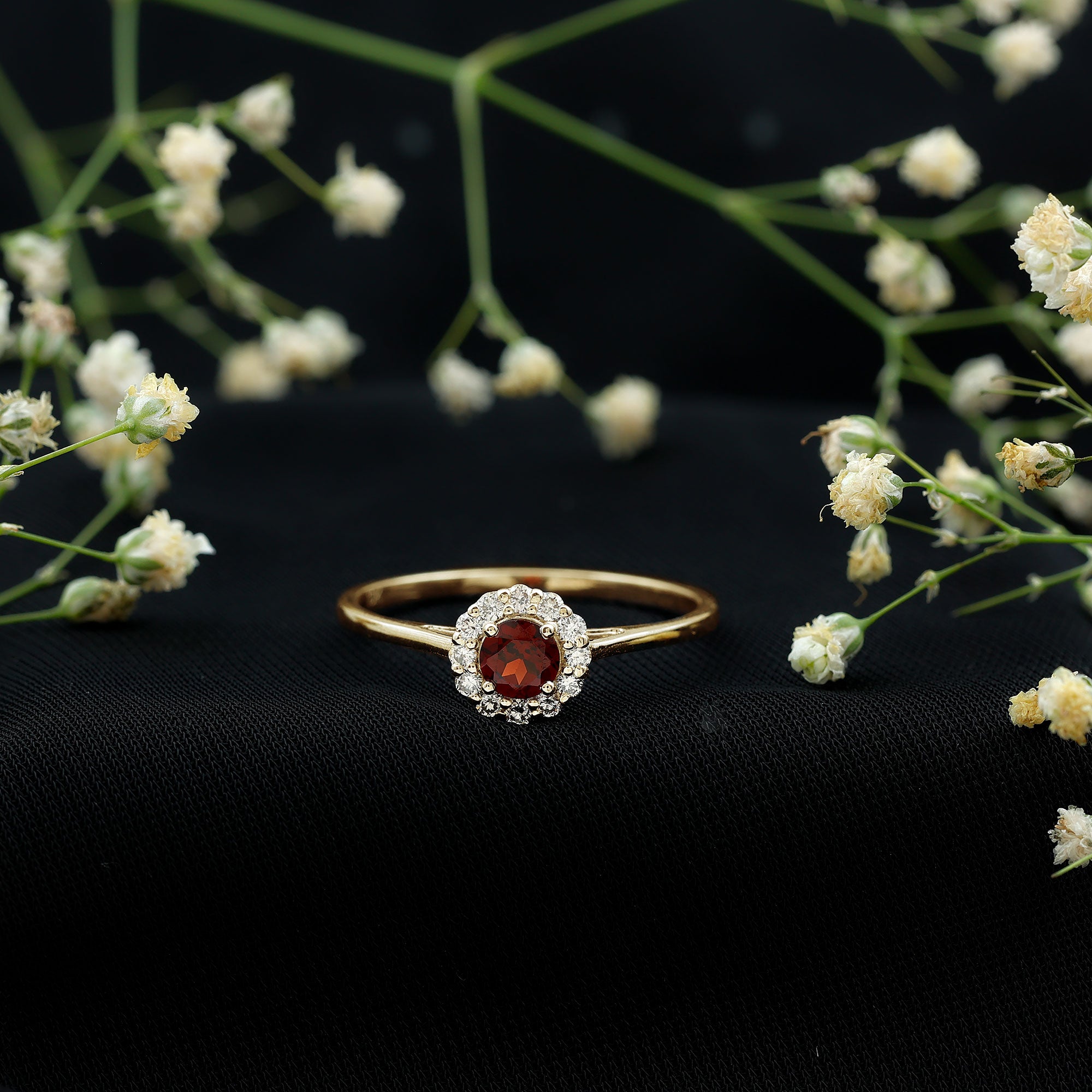 Certified Real 8 mm Garnet Engagement Ring with Diamond Halo AAA - Rosec Jewels