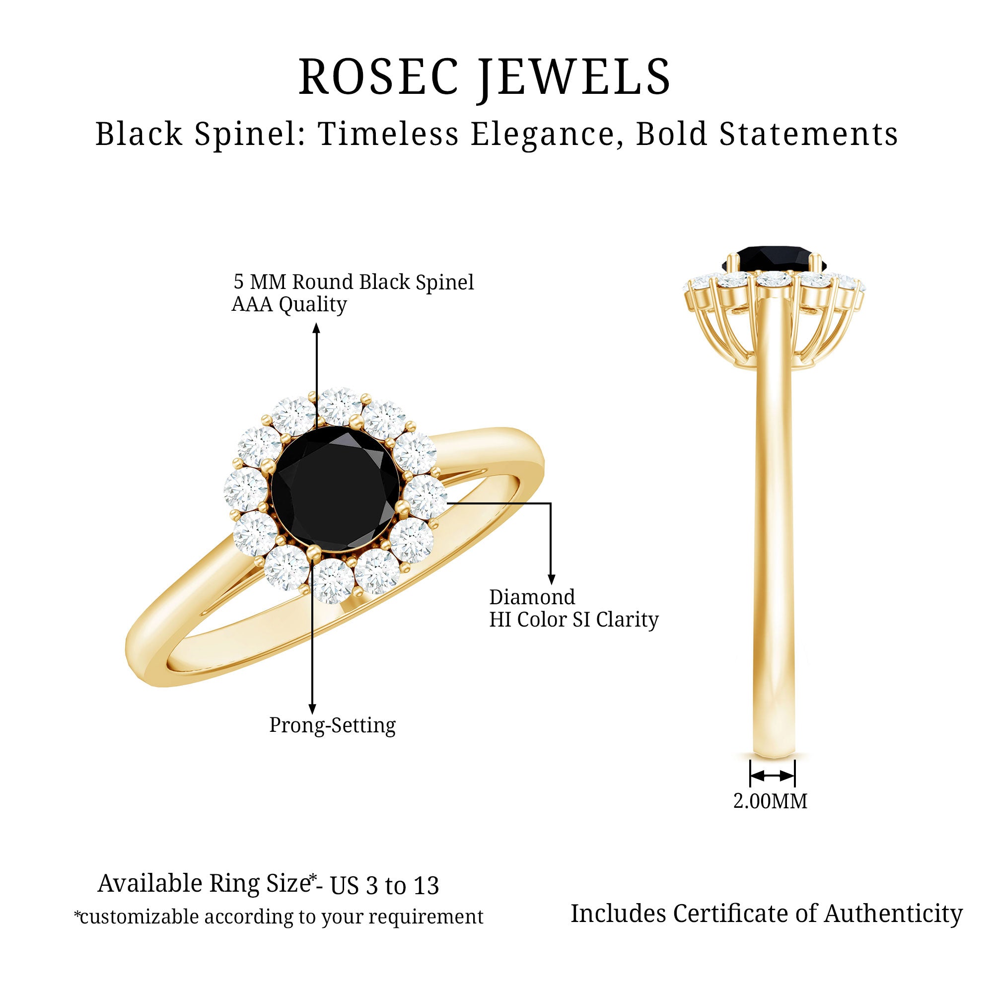 Rosec Jewels-Minimalist Black Spinel Engagement Ring with Diamond Halo
