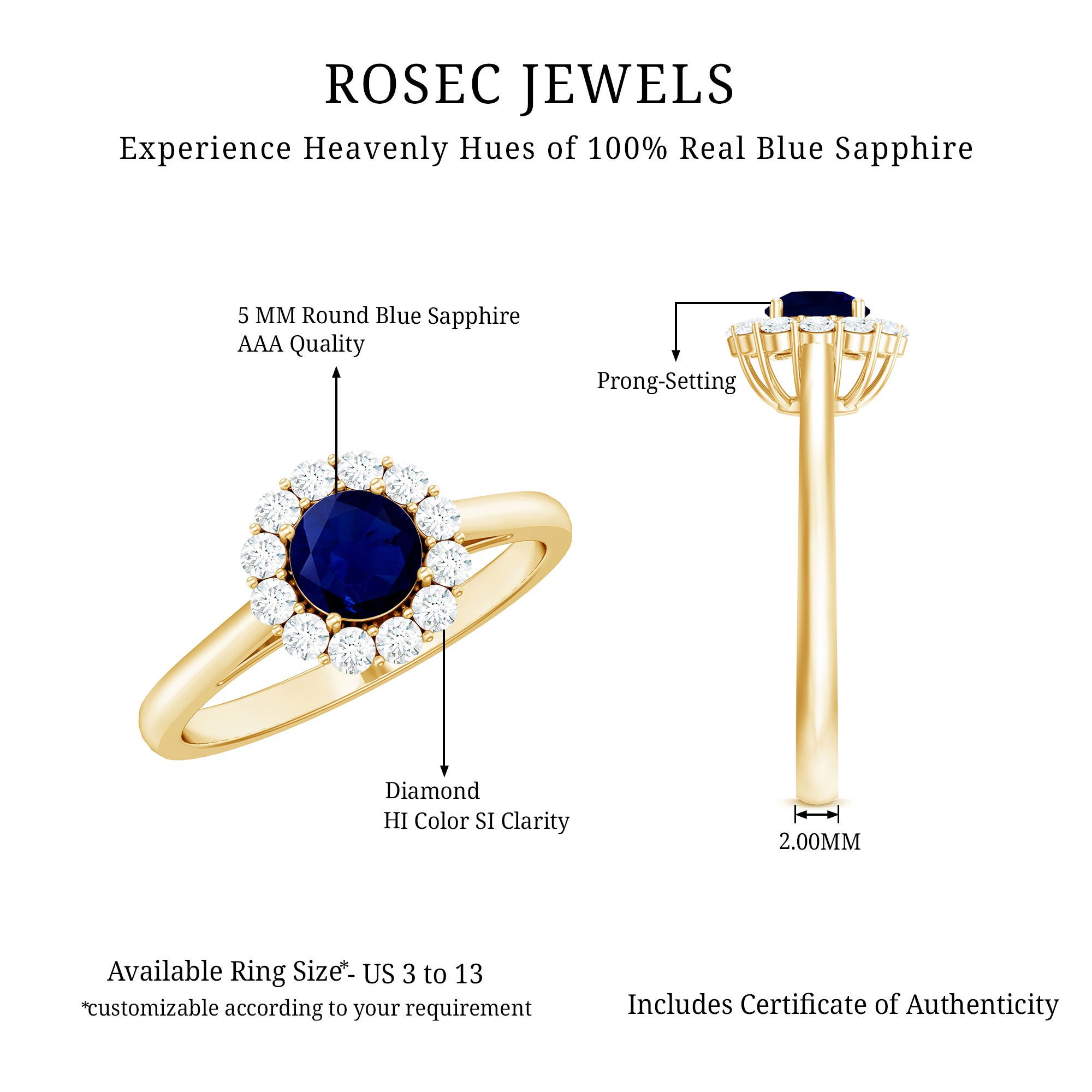 Rosec Jewels-Genuine 0.9 Carat Blue Sapphire and Diamond Round Halo Engagement Ring