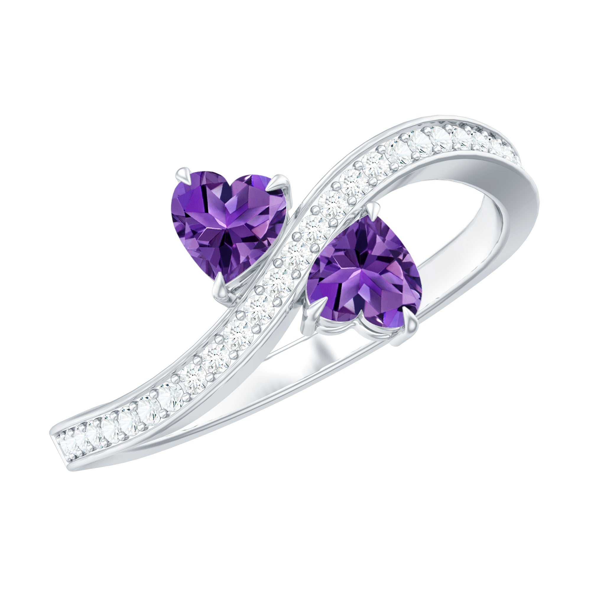 3/4 CT Heart Shape Amethyst Two Stone Engagement Ring with Diamond