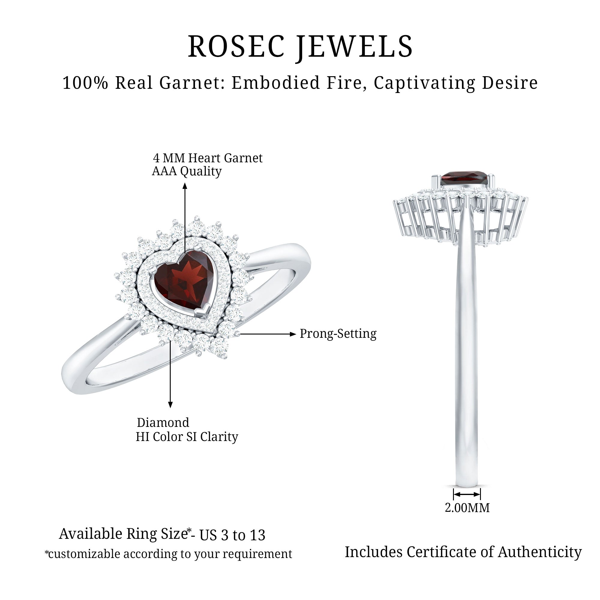 Rosec Jewels-Real Garnet Heart Shaped Engagement Ring with Diamond Double Halo