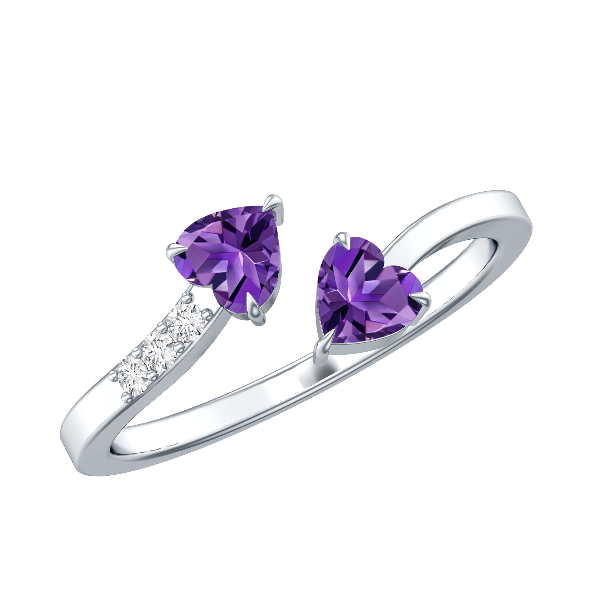 Natural Amethyst 2 Stone Heart Promise Ring with Diamond AAA - Rosec Jewels