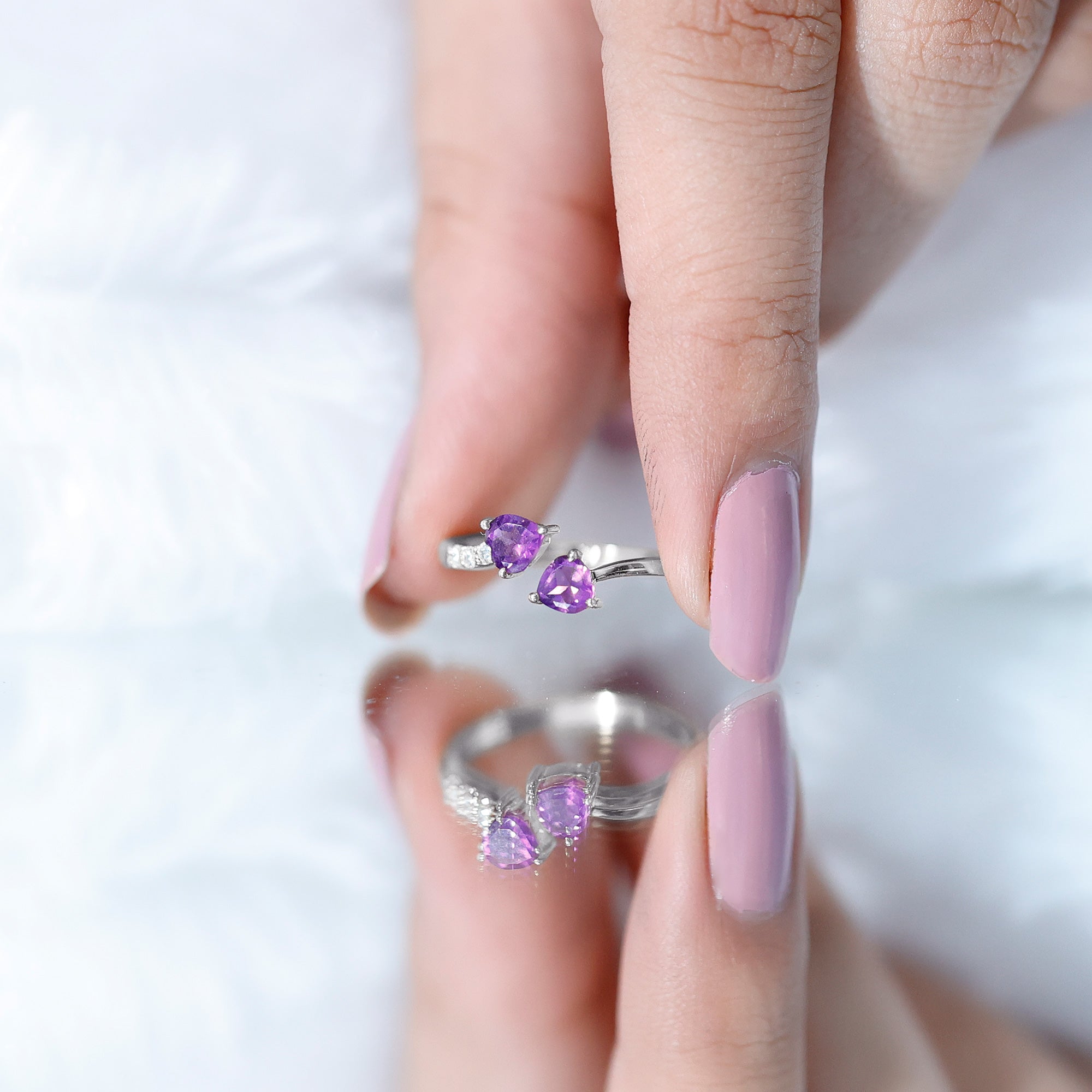 Natural Amethyst 2 Stone Heart Promise Ring with Diamond AAA - Rosec Jewels