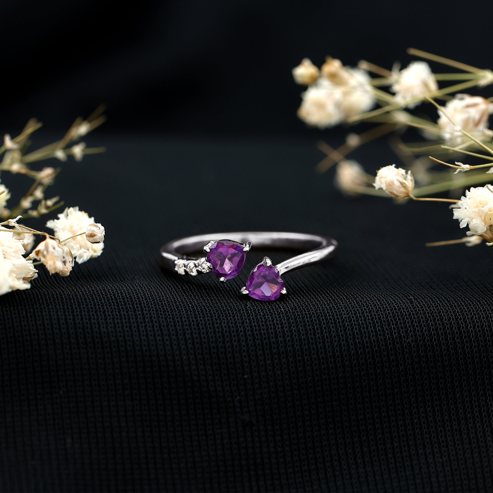 Natural Amethyst 2 Stone Heart Promise Ring with Diamond AAA - Rosec Jewels