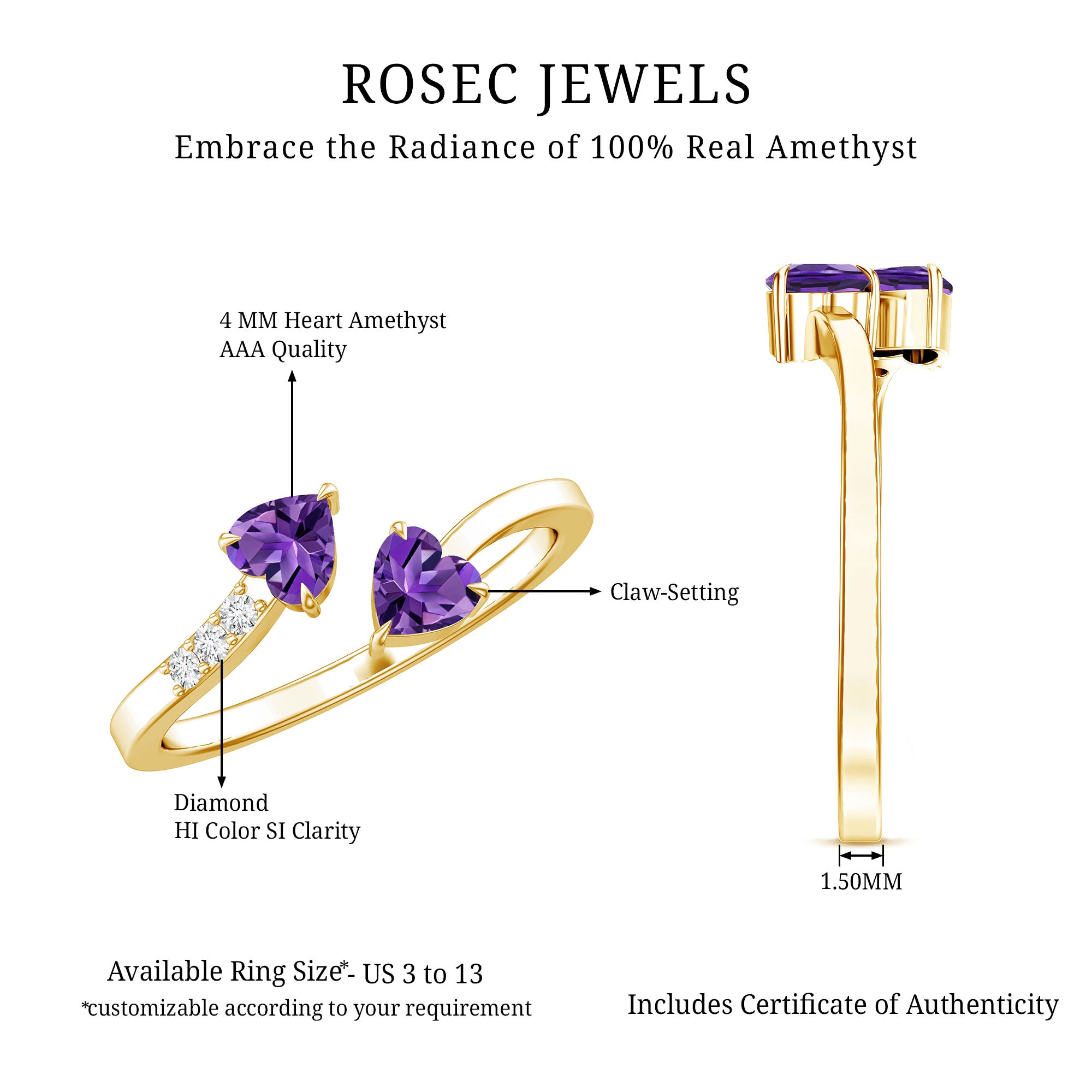 Natural Amethyst 2 Stone Heart Promise Ring with Diamond AAA - Rosec Jewels