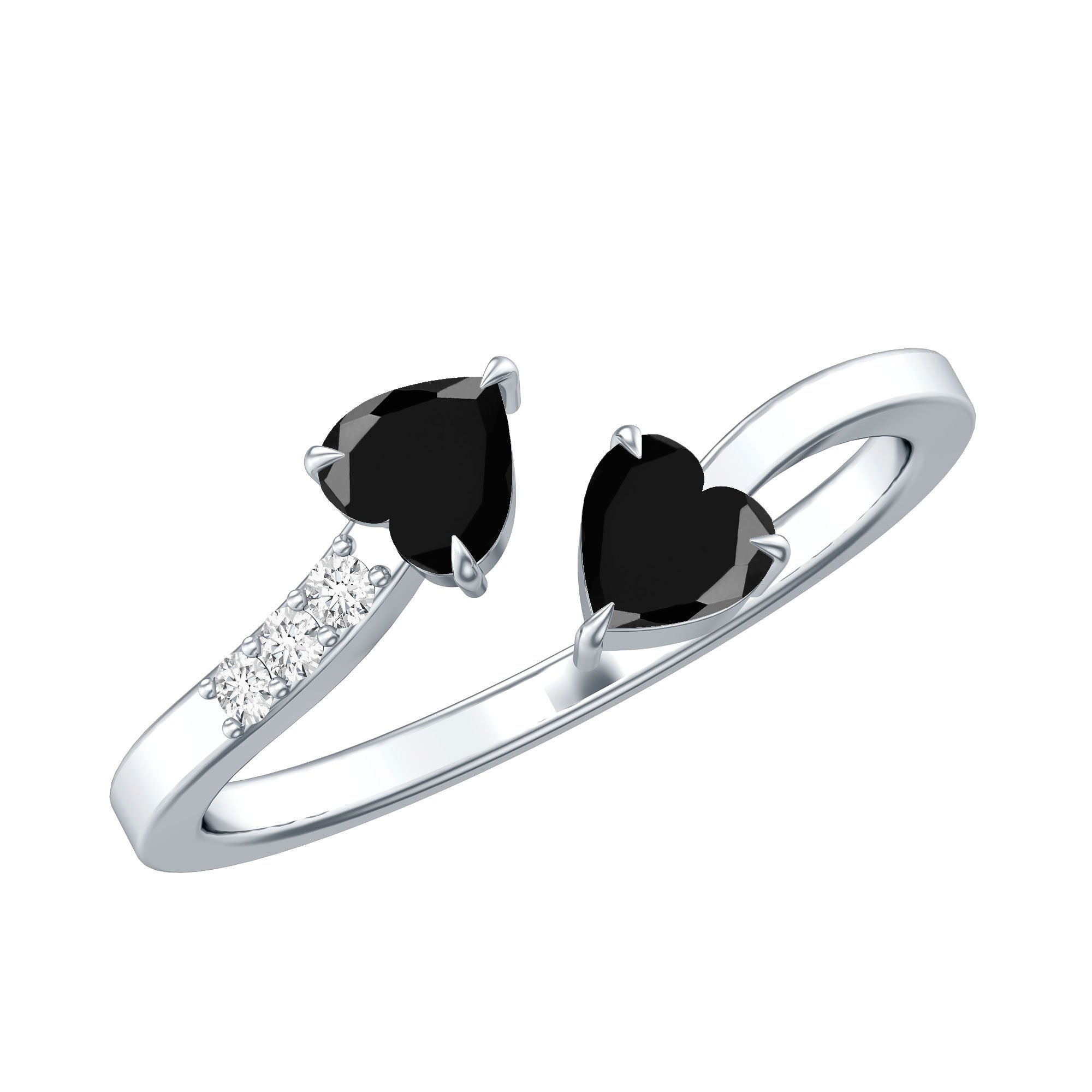 Heart Shape Black Onyx Two Stone Wrap Ring with Diamond AAA - Rosec Jewels