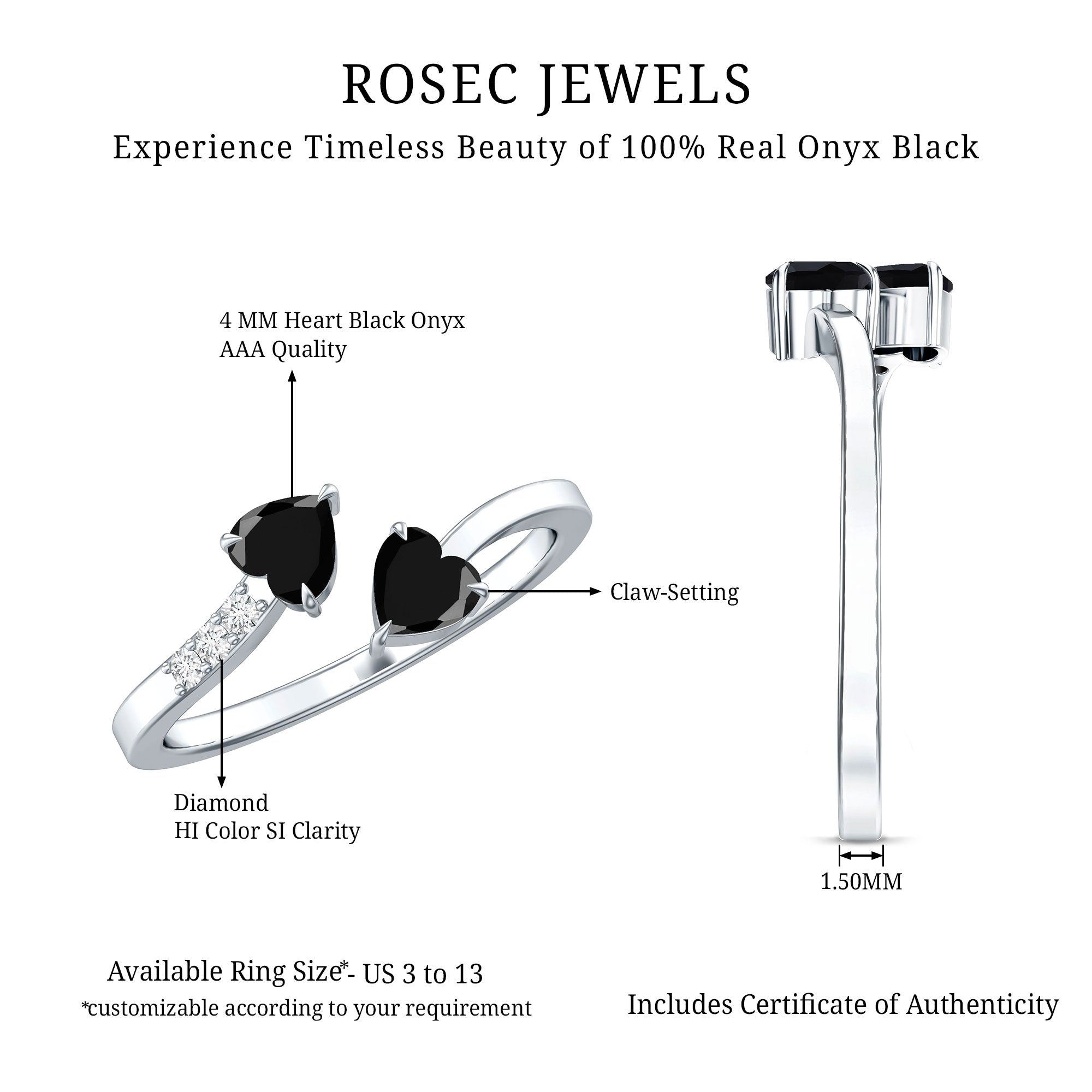 Heart Shape Black Onyx Two Stone Wrap Ring with Diamond AAA - Rosec Jewels