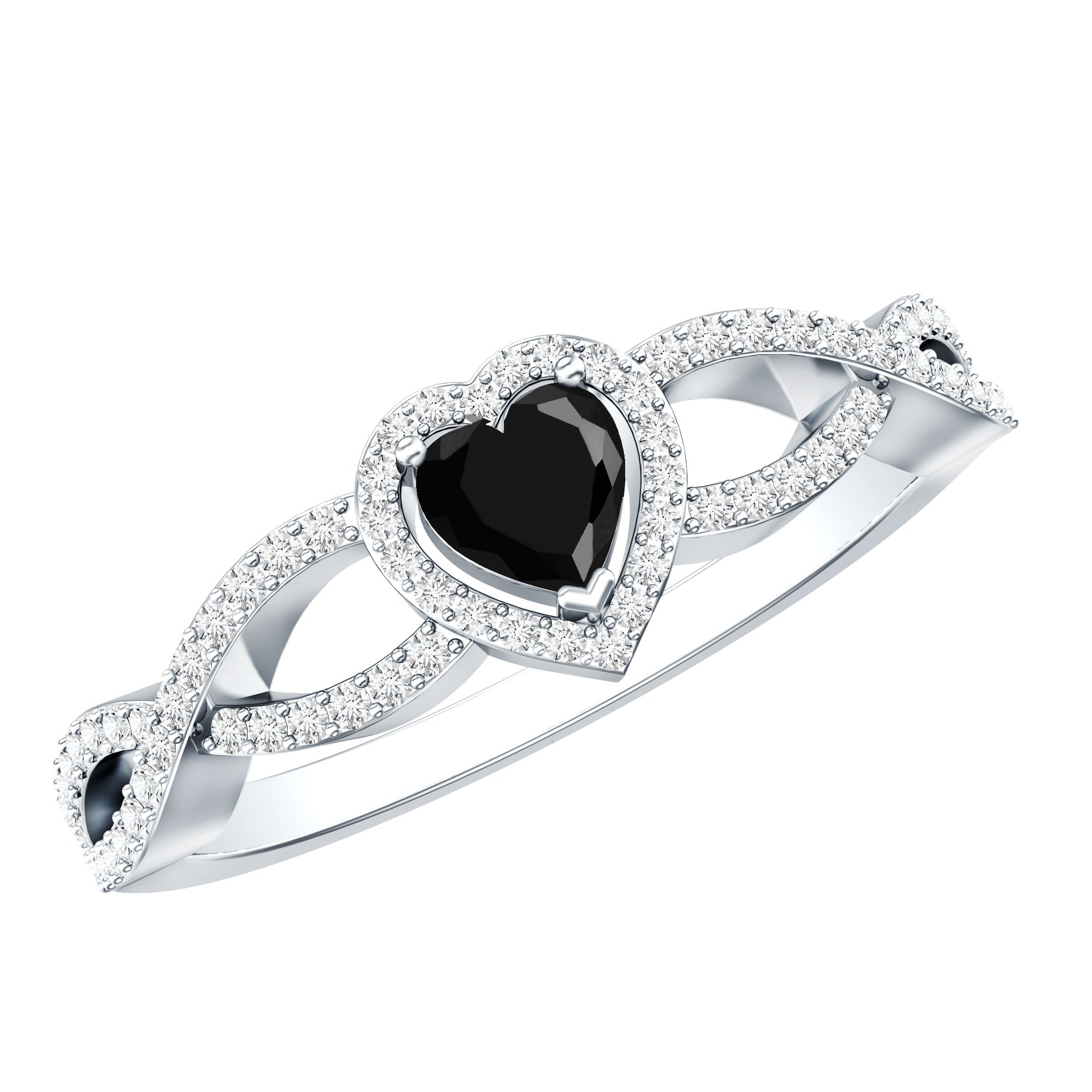 0.6 Carat Lab Grown Black and White Diamond Heart Engagement Ring with Crossover Shank AAAA ( Synthetic ) - Rosec Jewels