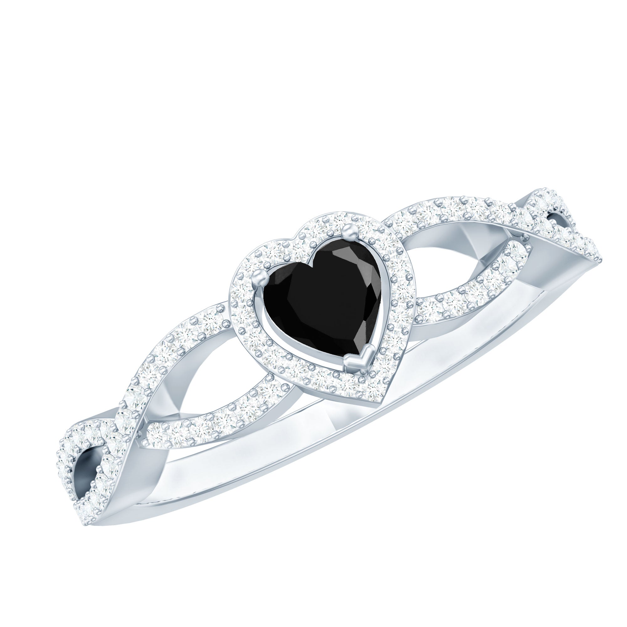 Lab Grown Black Diamond Heart Engagement Ring with Criss Cross Shank