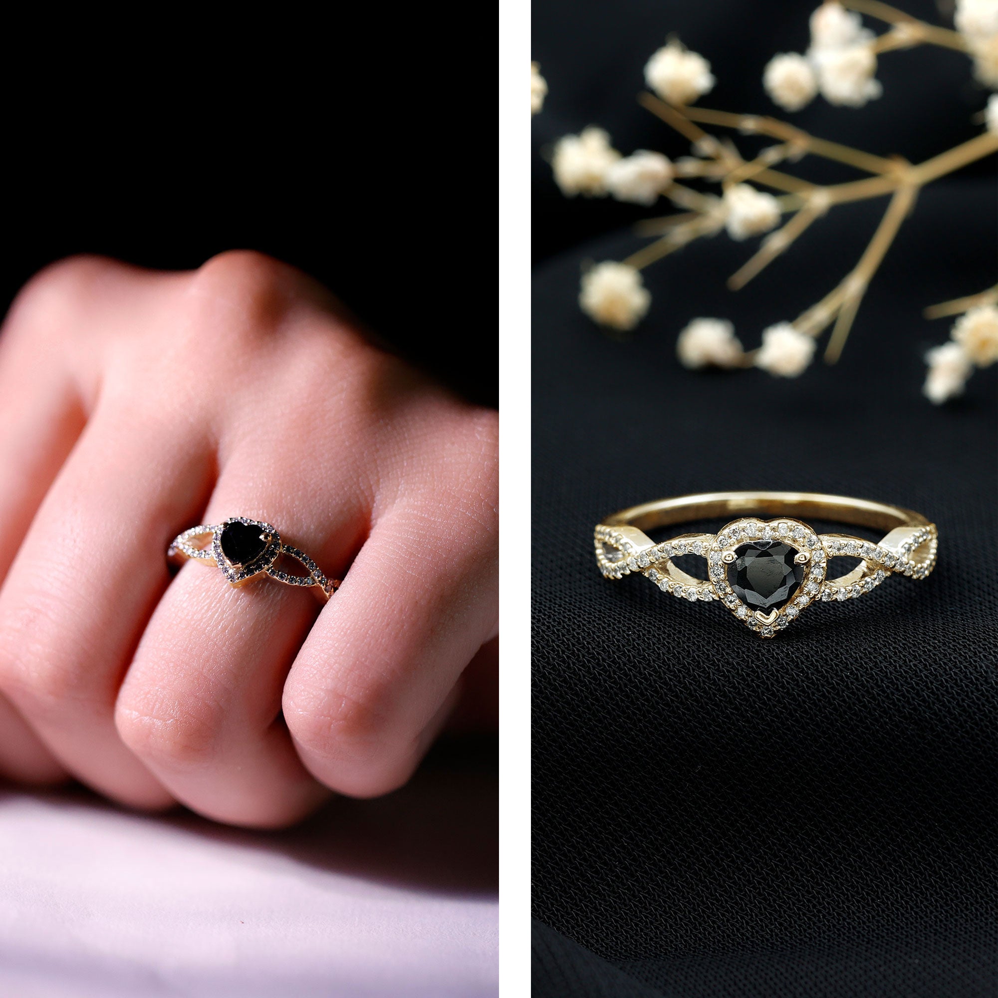 0.6 Carat Lab Grown Black and White Diamond Heart Engagement Ring with Crossover Shank AAAA ( Synthetic ) - Rosec Jewels