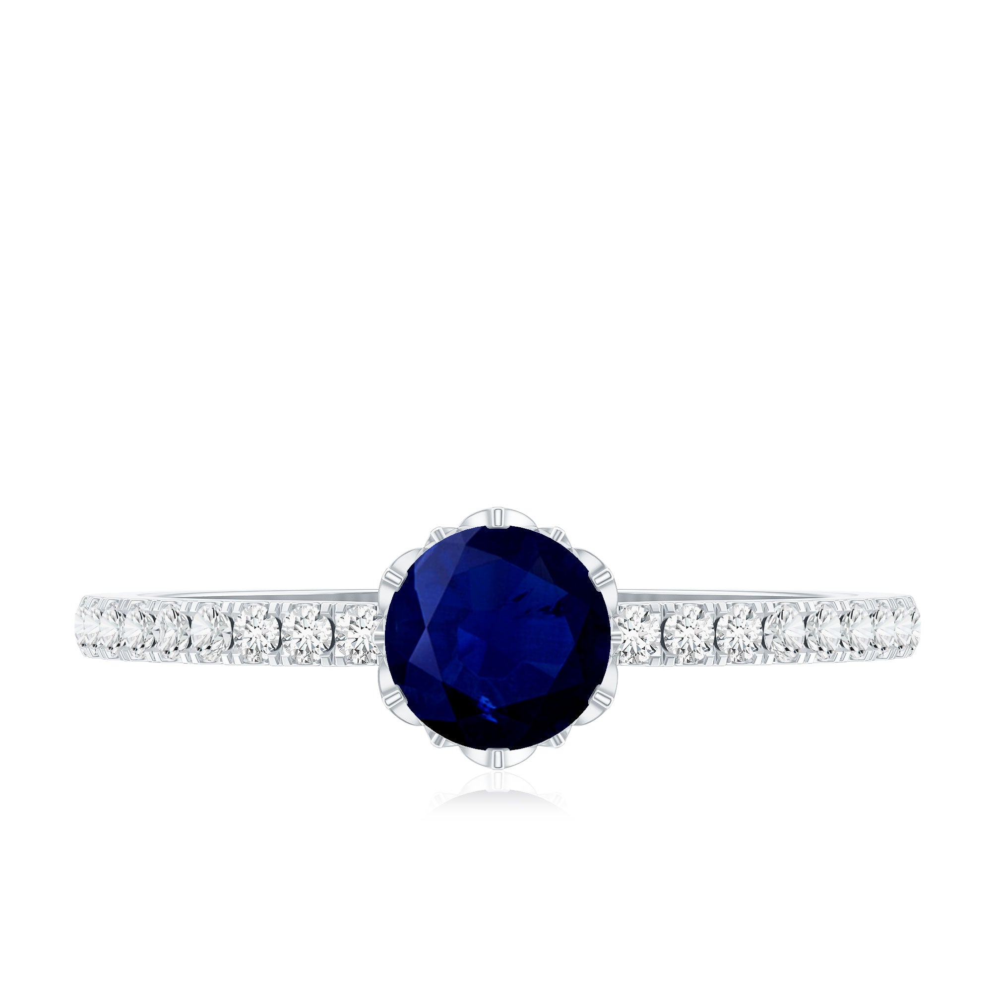 Rosec Jewels-Lotus Basket Set 0.9 Carat Blue Sapphire Solitaire Promise Ring with Diamond