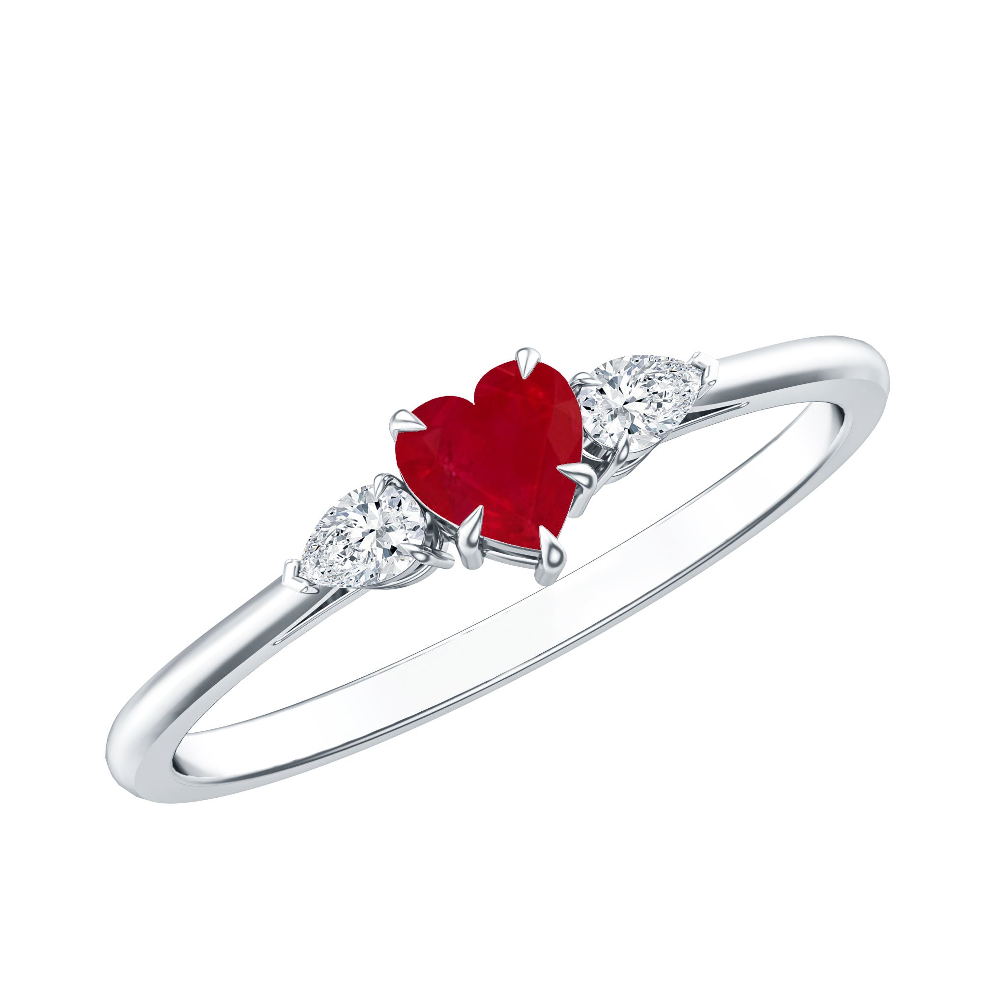 Natural 0.6 Carat Heart Shape Ruby Diamond 3 Stone Promise Ring AAA - Rosec Jewels