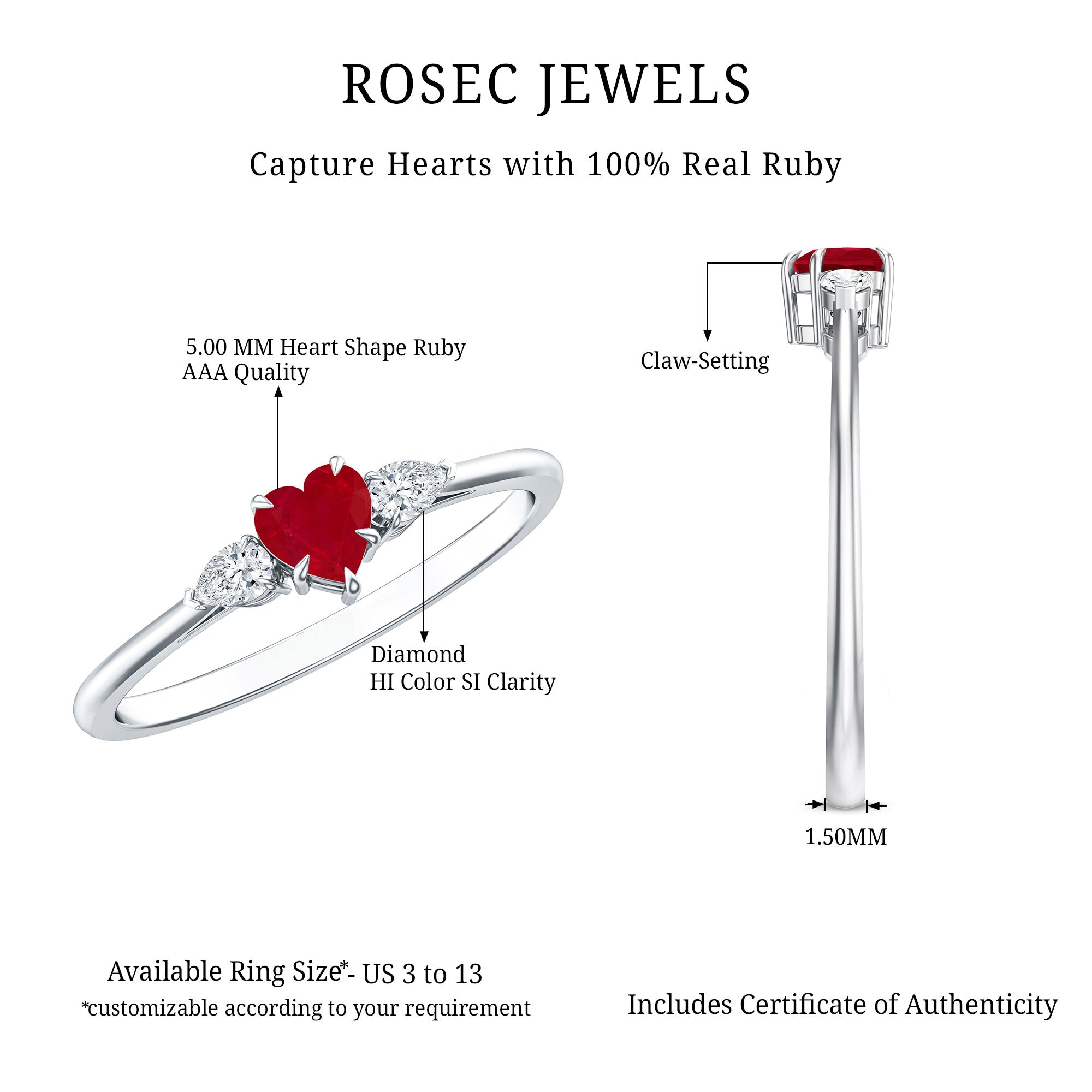 Natural 0.6 Carat Heart Shape Ruby Diamond 3 Stone Promise Ring AAA - Rosec Jewels