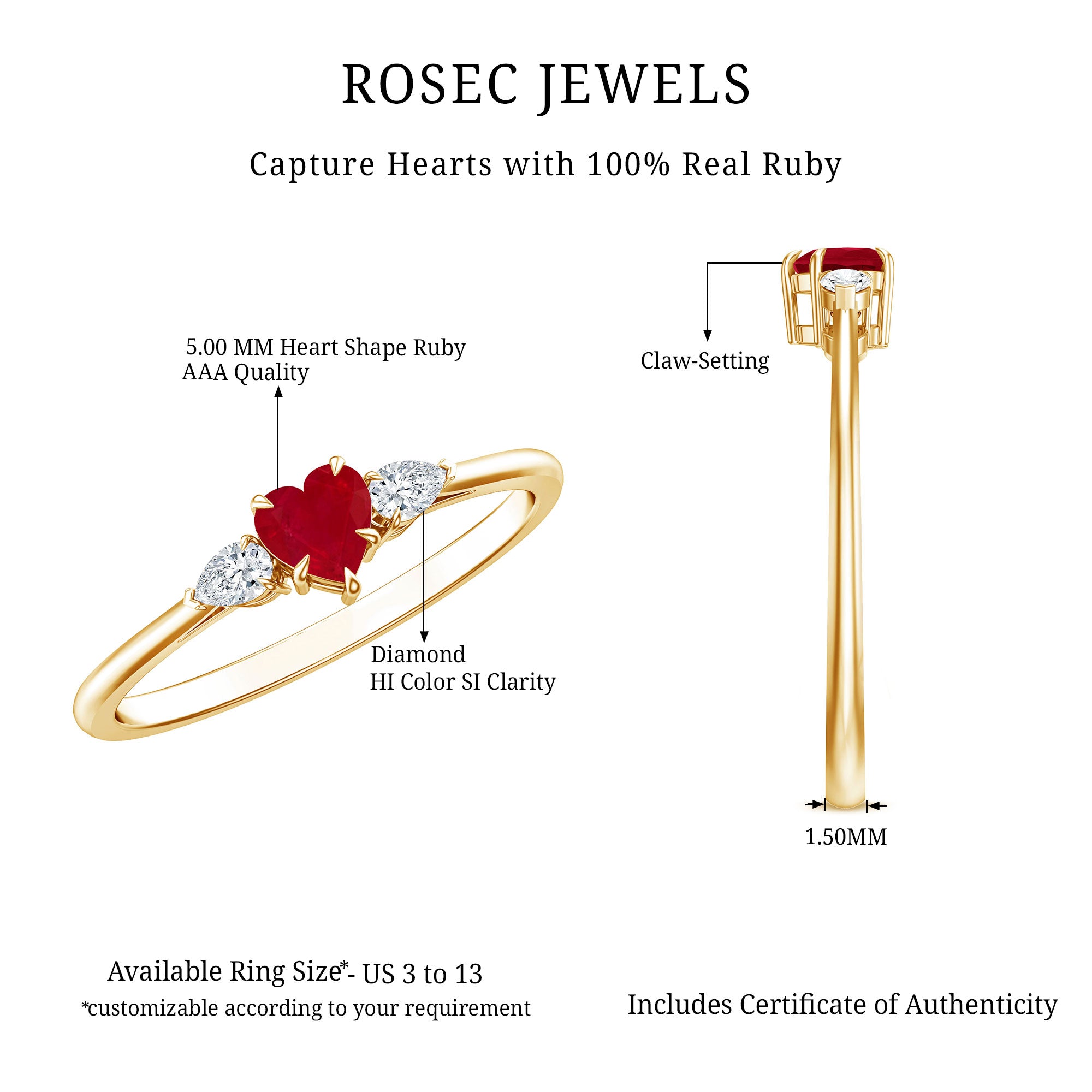 Natural 0.6 Carat Heart Shape Ruby Diamond 3 Stone Promise Ring AAA - Rosec Jewels