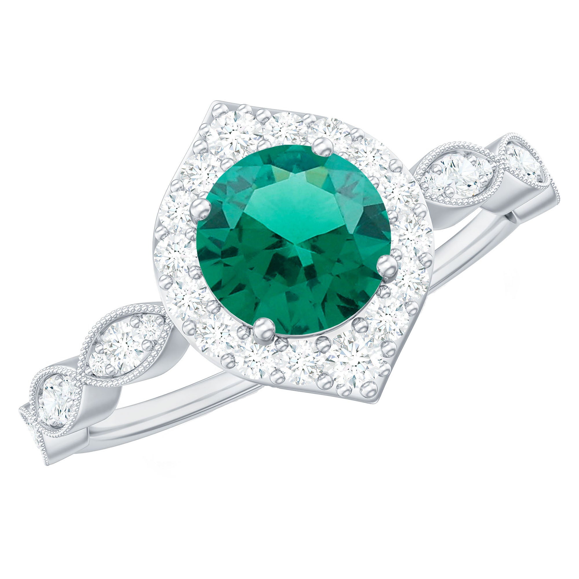 Lab Created Emerald Vintage Style Engagement Ring With Diamonds