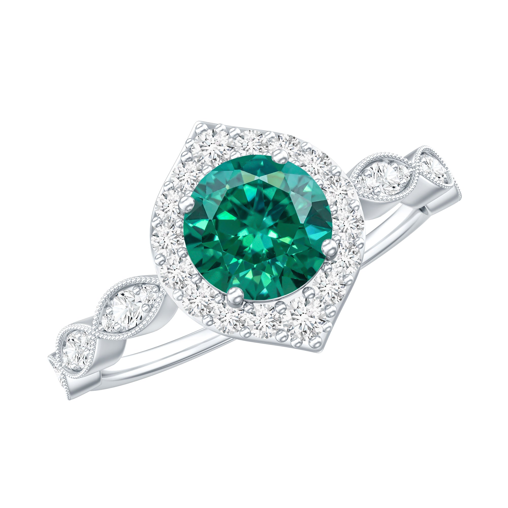 Rosec Jewels-Lab Created Emerald Vintage Style Engagement Ring With Diamonds