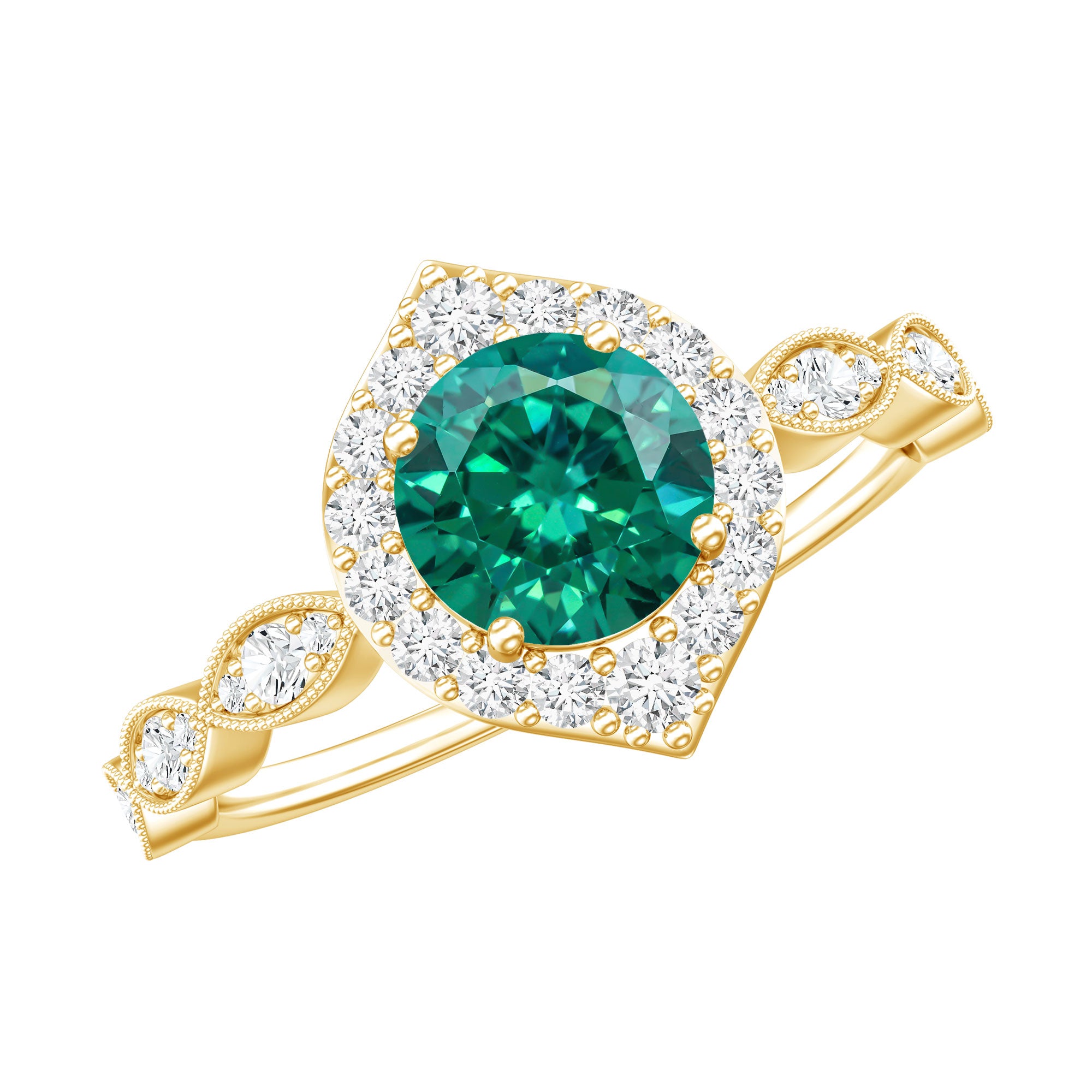 Rosec Jewels-Lab Created Emerald Vintage Style Engagement Ring With Diamonds