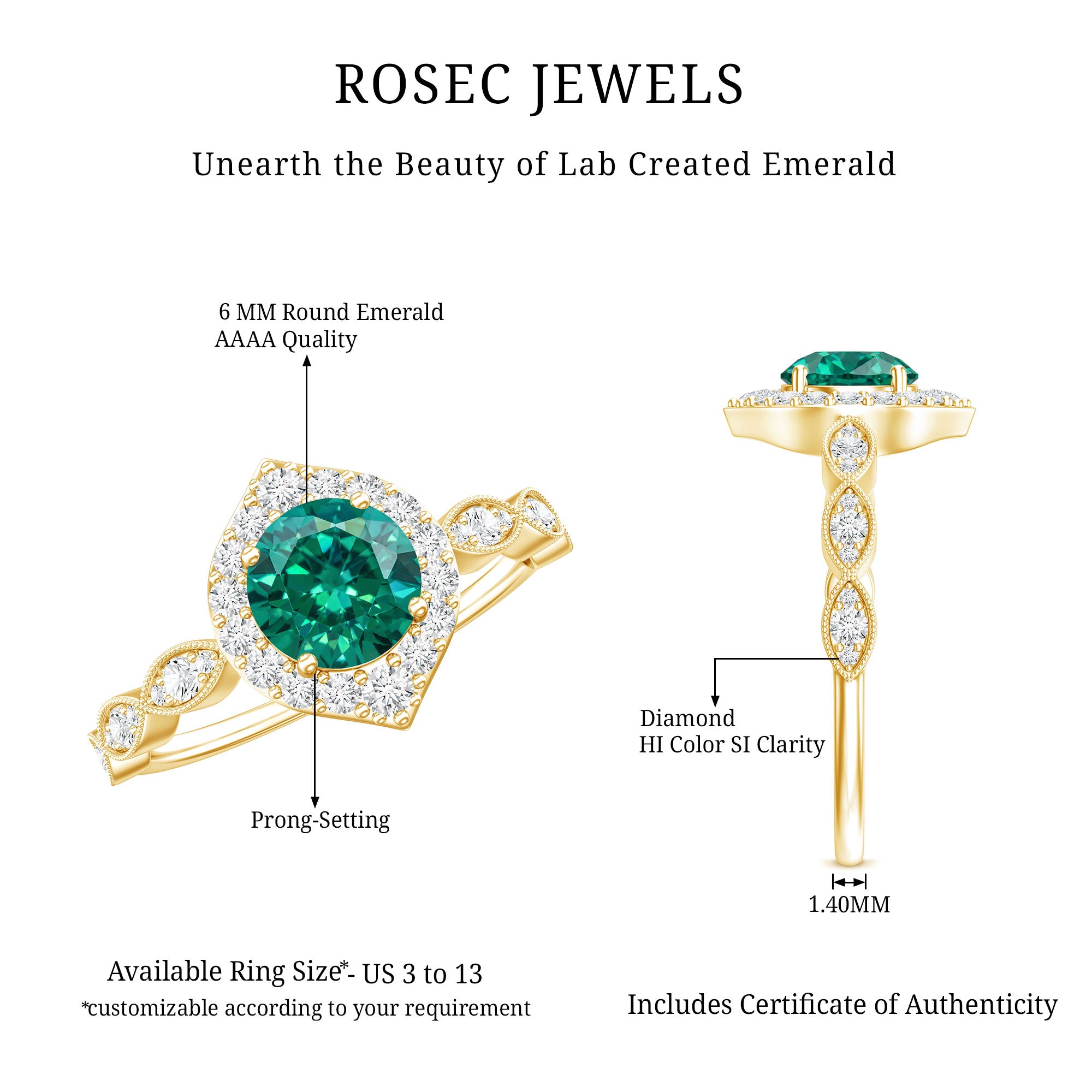 Rosec Jewels-Lab Created Emerald Vintage Style Engagement Ring With Diamonds