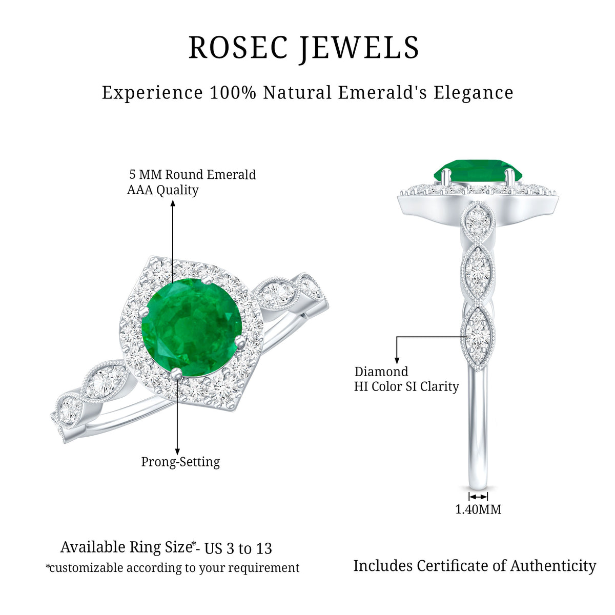 Natural Emerald Vintage Looking Engagement Ring with Diamond Halo AAA - Rosec Jewels