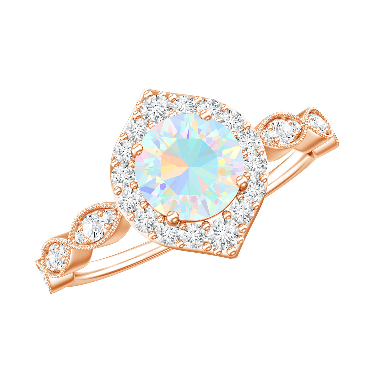 Vintage Looking Ethiopian Opal Engagement Ring with Real Diamond Halo AAA - Rosec Jewels