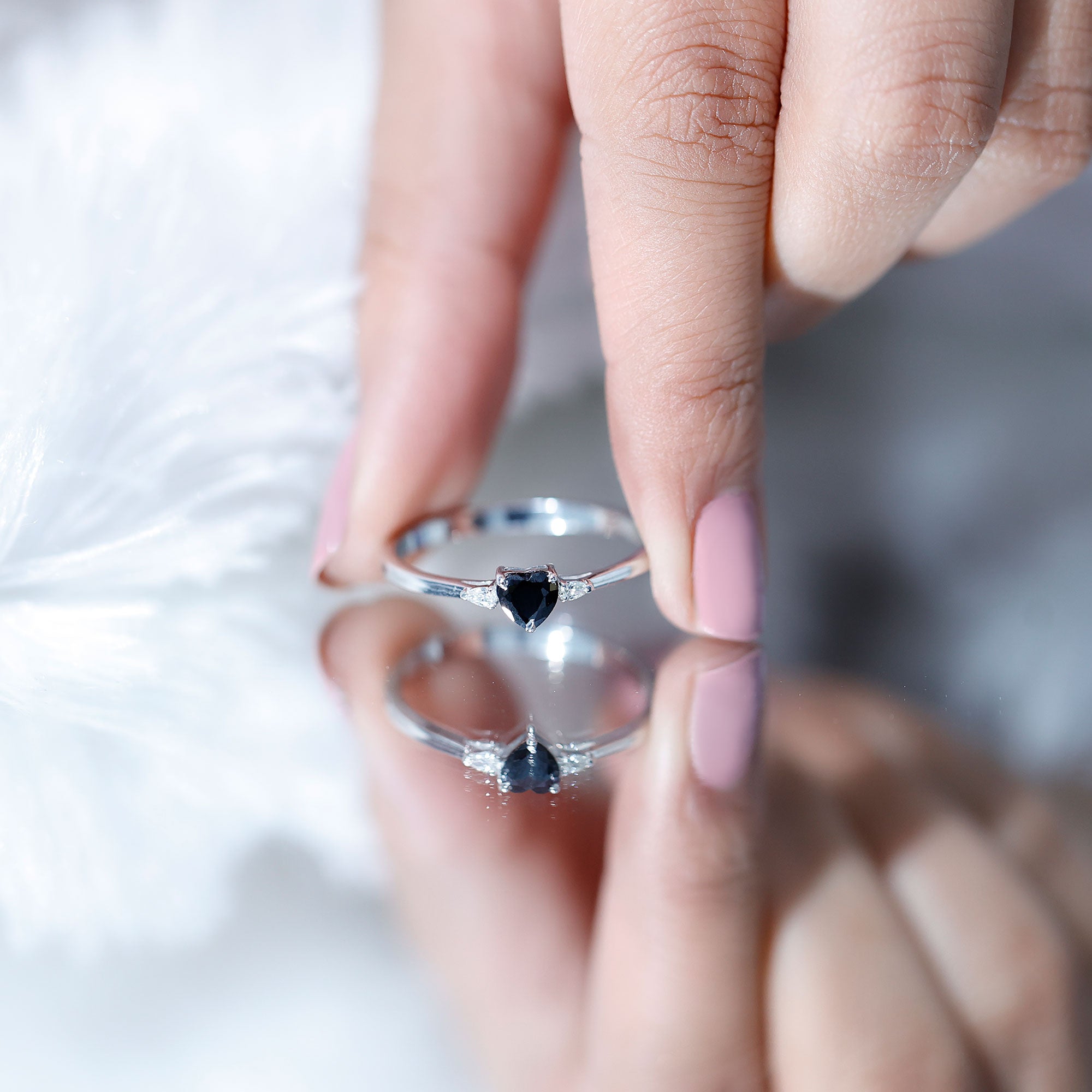 Certified Lab Grown Black Diamond Heart Promise Ring with White Diamond AAAA ( Synthetic ) - Rosec Jewels