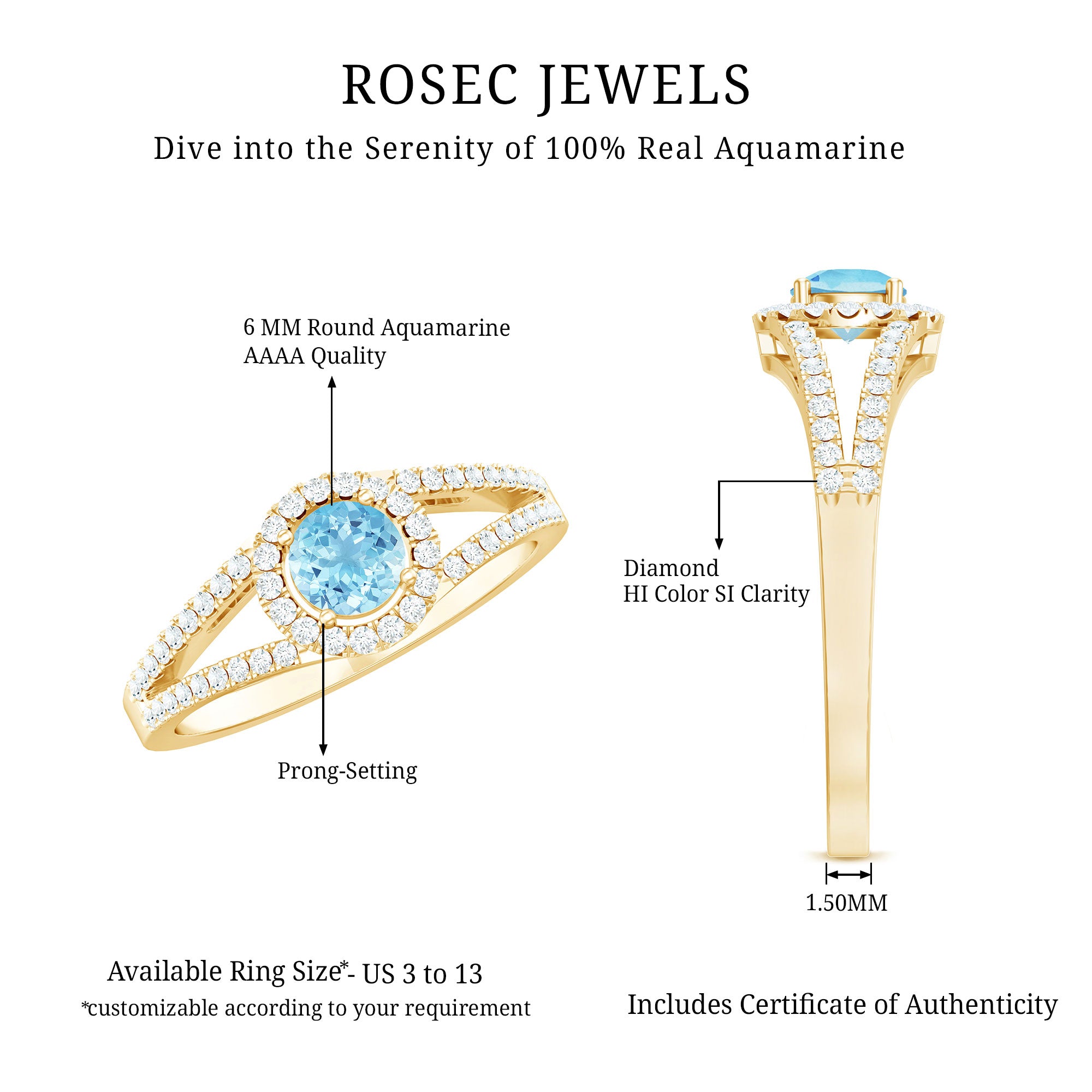 0.8 Carat Aquamarine and Diamond Split Shank Engagement Ring for Women AAA - Rosec Jewels