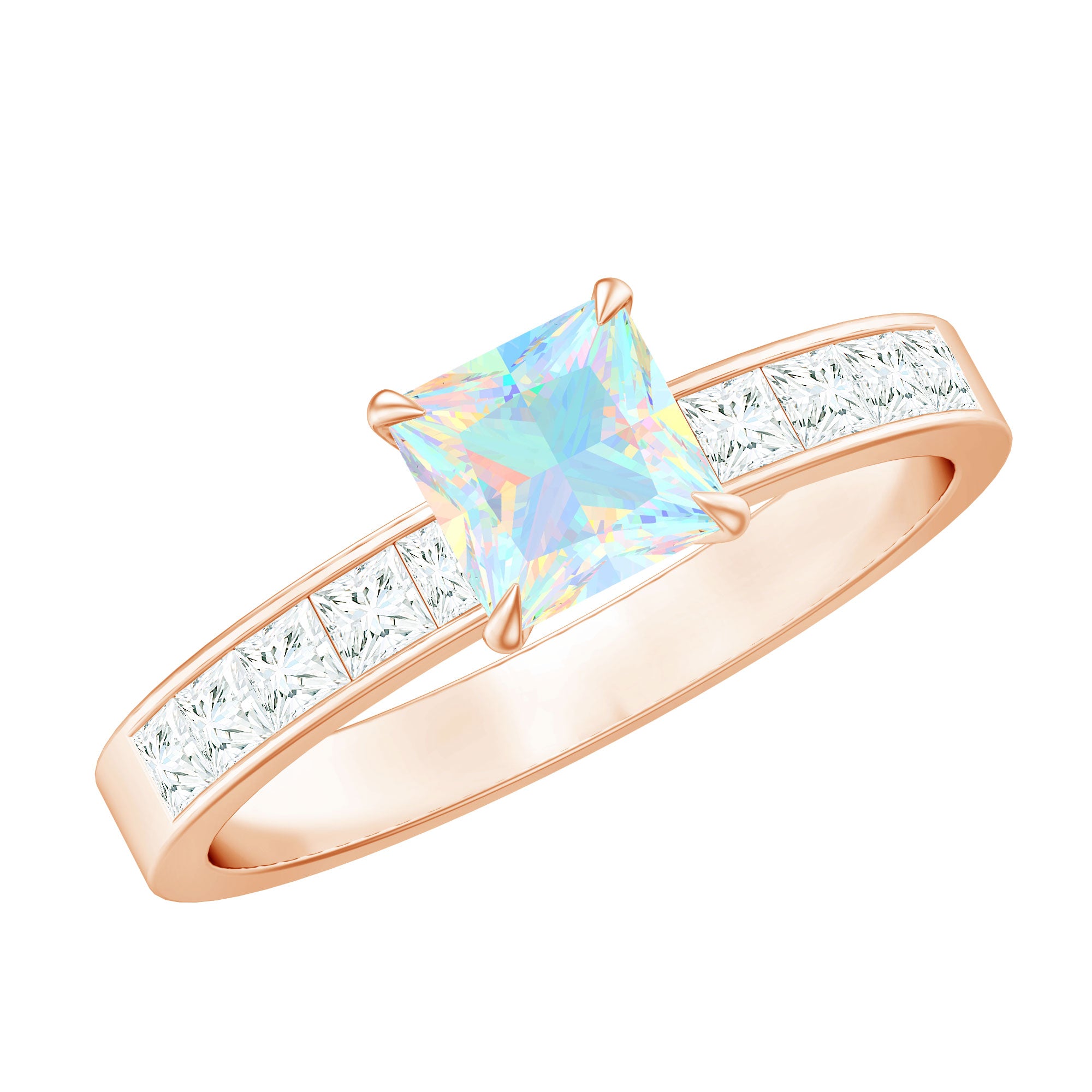 Certified Real Ethiopian Opal Princess Cut Engagement Ring with Diamond AAA - Rosec Jewels
