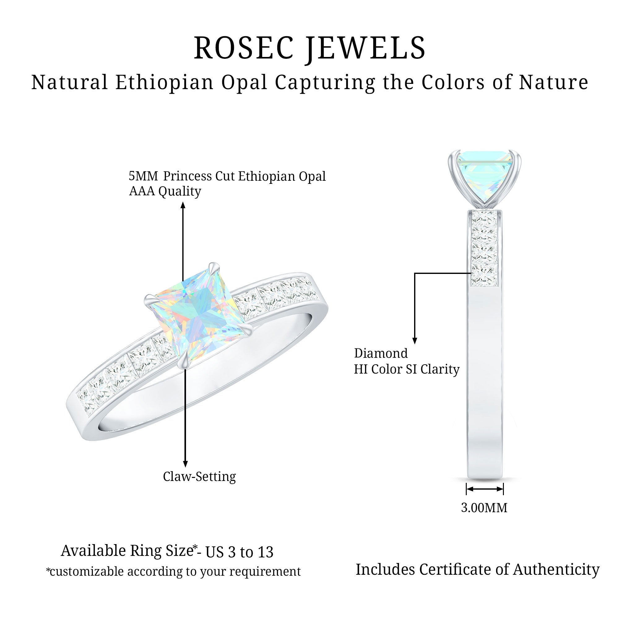 Certified Real Ethiopian Opal Princess Cut Engagement Ring with Diamond AAA - Rosec Jewels
