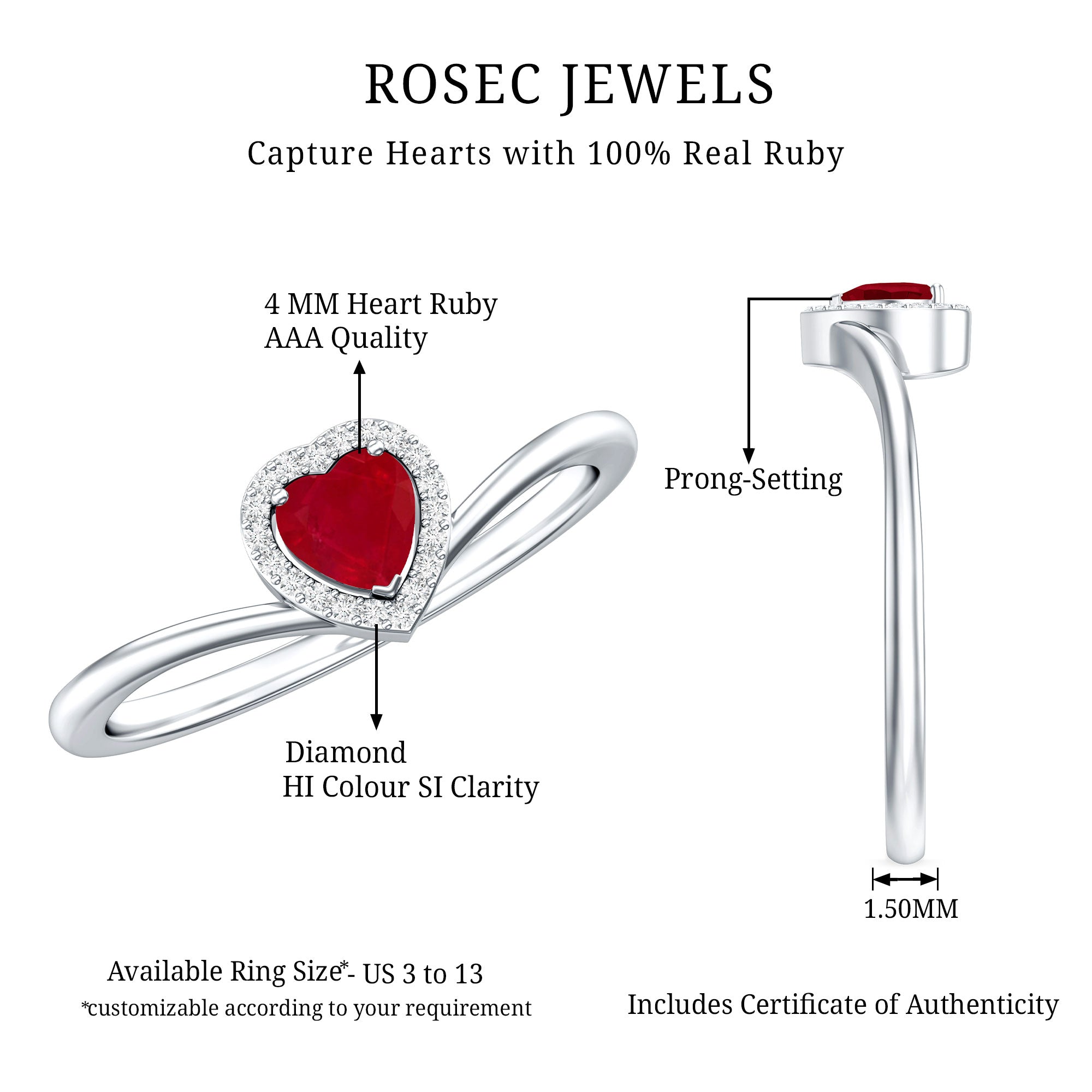 Genuine Half Carat Ruby Heart Promise Ring with Diamond Halo AAA - Rosec Jewels