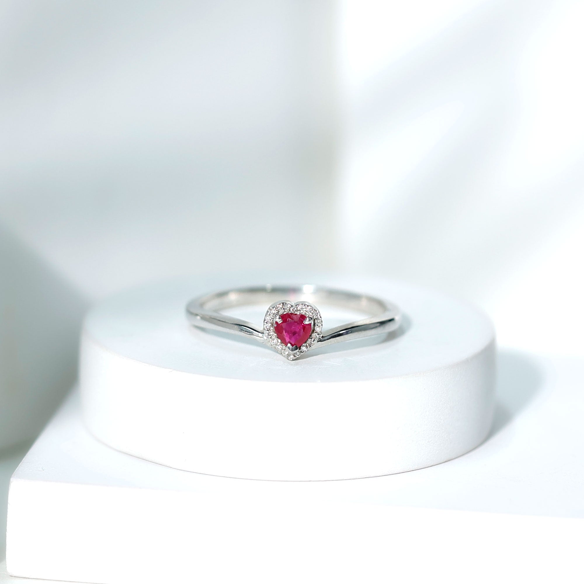 Genuine Half Carat Ruby Heart Promise Ring with Diamond Halo AAA - Rosec Jewels