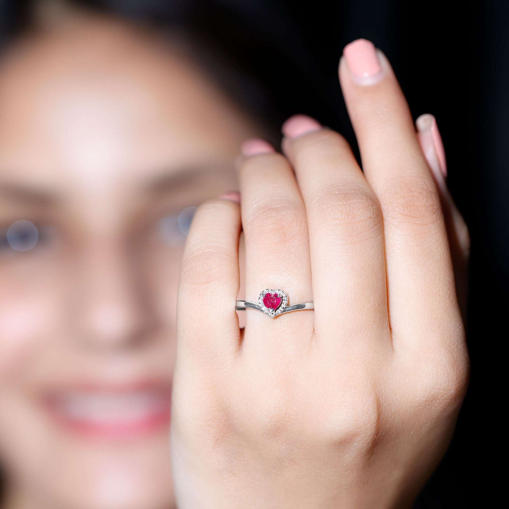 Genuine Half Carat Ruby Heart Promise Ring with Diamond Halo AAA - Rosec Jewels