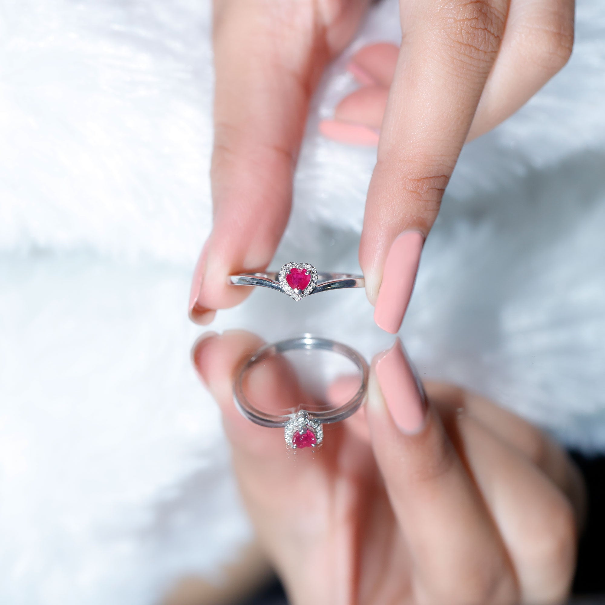 Genuine Half Carat Ruby Heart Promise Ring with Diamond Halo AAA - Rosec Jewels