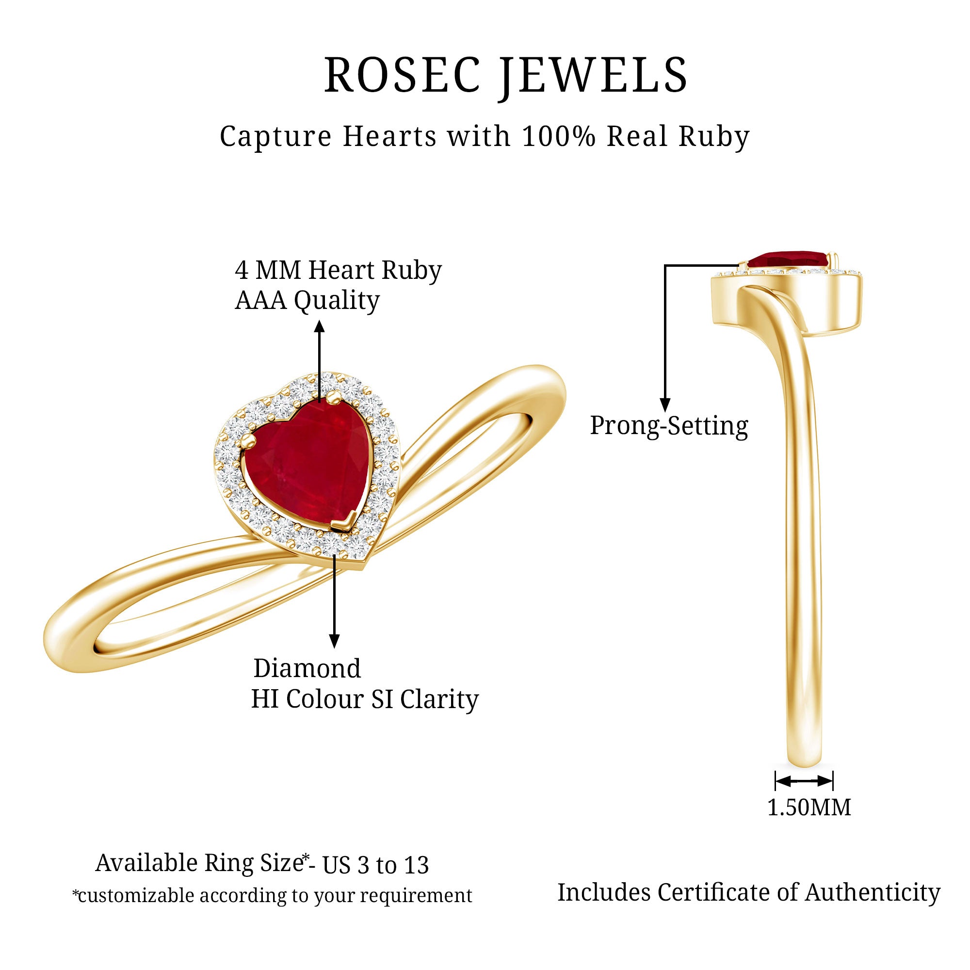 Genuine Half Carat Ruby Heart Promise Ring with Diamond Halo AAA - Rosec Jewels