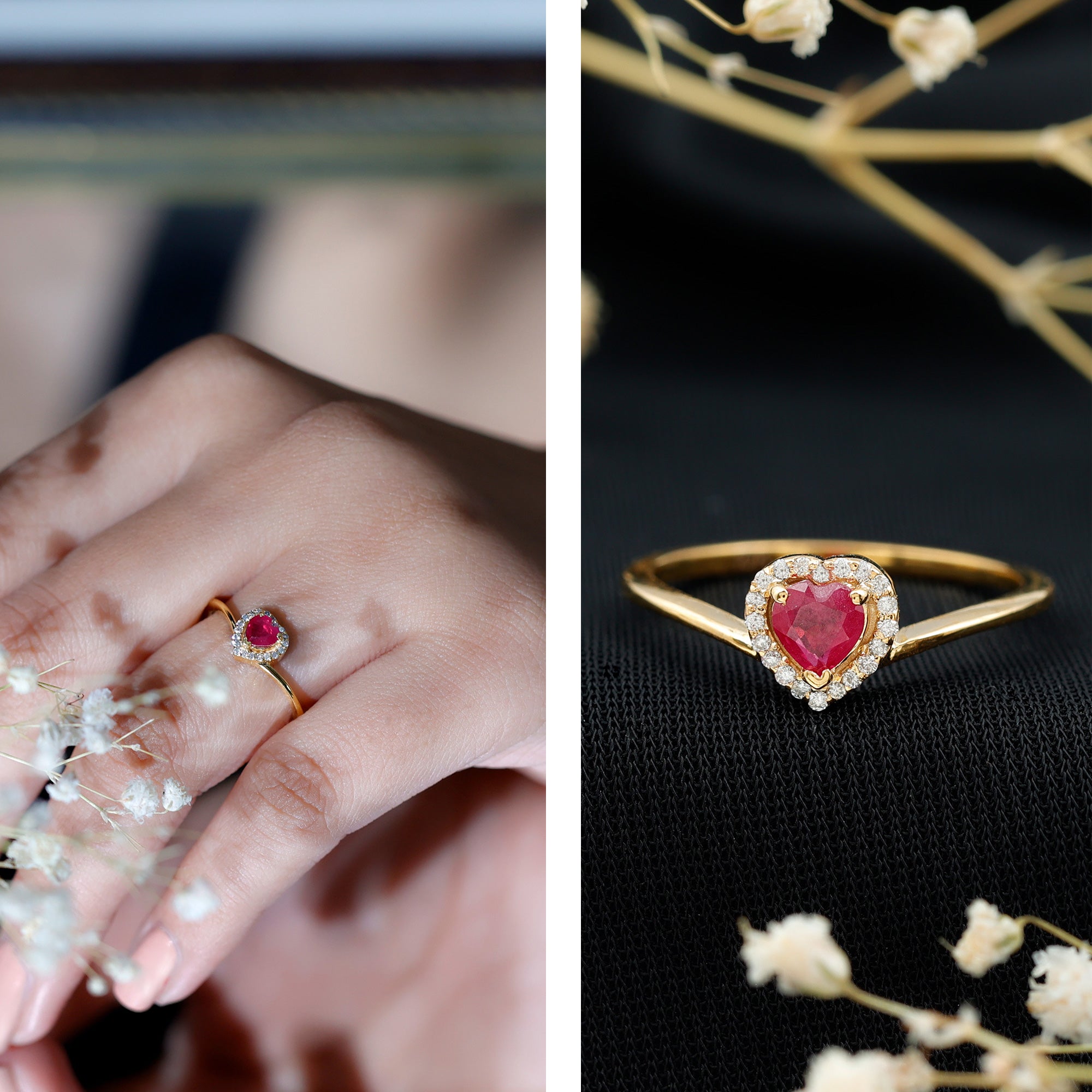 Genuine Half Carat Ruby Heart Promise Ring with Diamond Halo AAA - Rosec Jewels