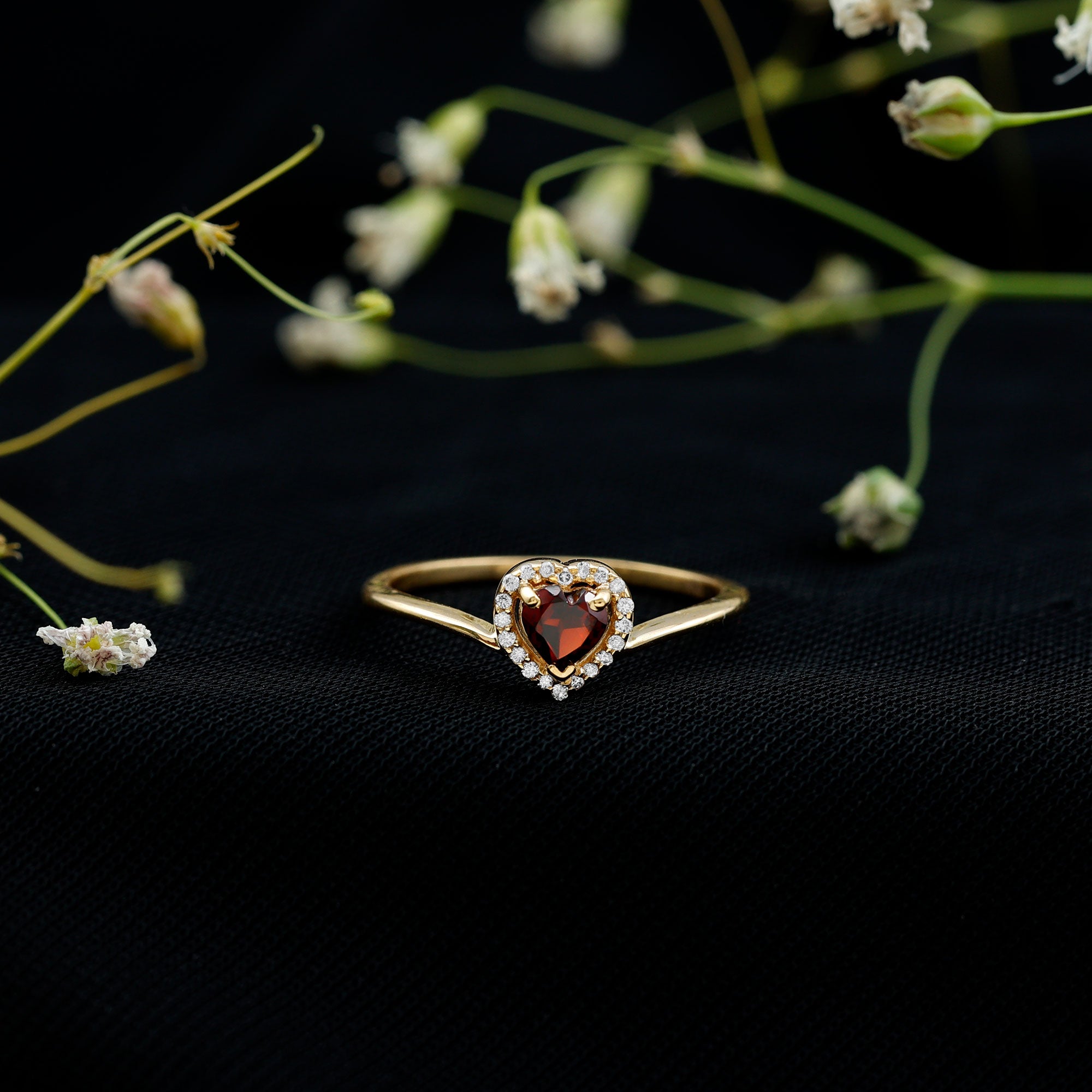 Certified Real Garnet Heart Promise Ring with Diamond Halo AAA - Rosec Jewels